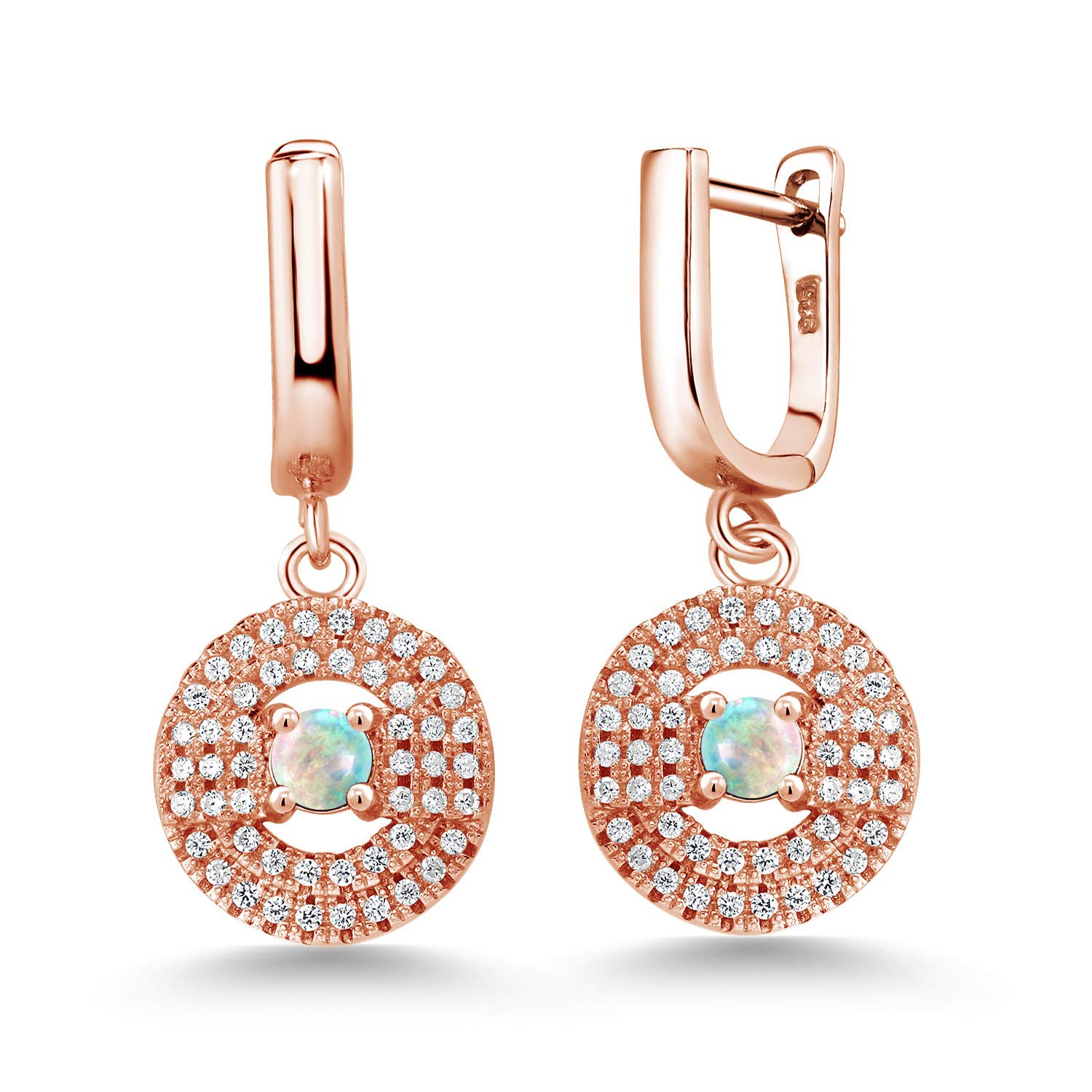 3.38 Ct Round Cabochon White Simulated Opal 18K Rose Gold Plated Silver Earrings for Women | Gem Stone King | Elegant Gift for Birthday, Anniversary & Special Occasions