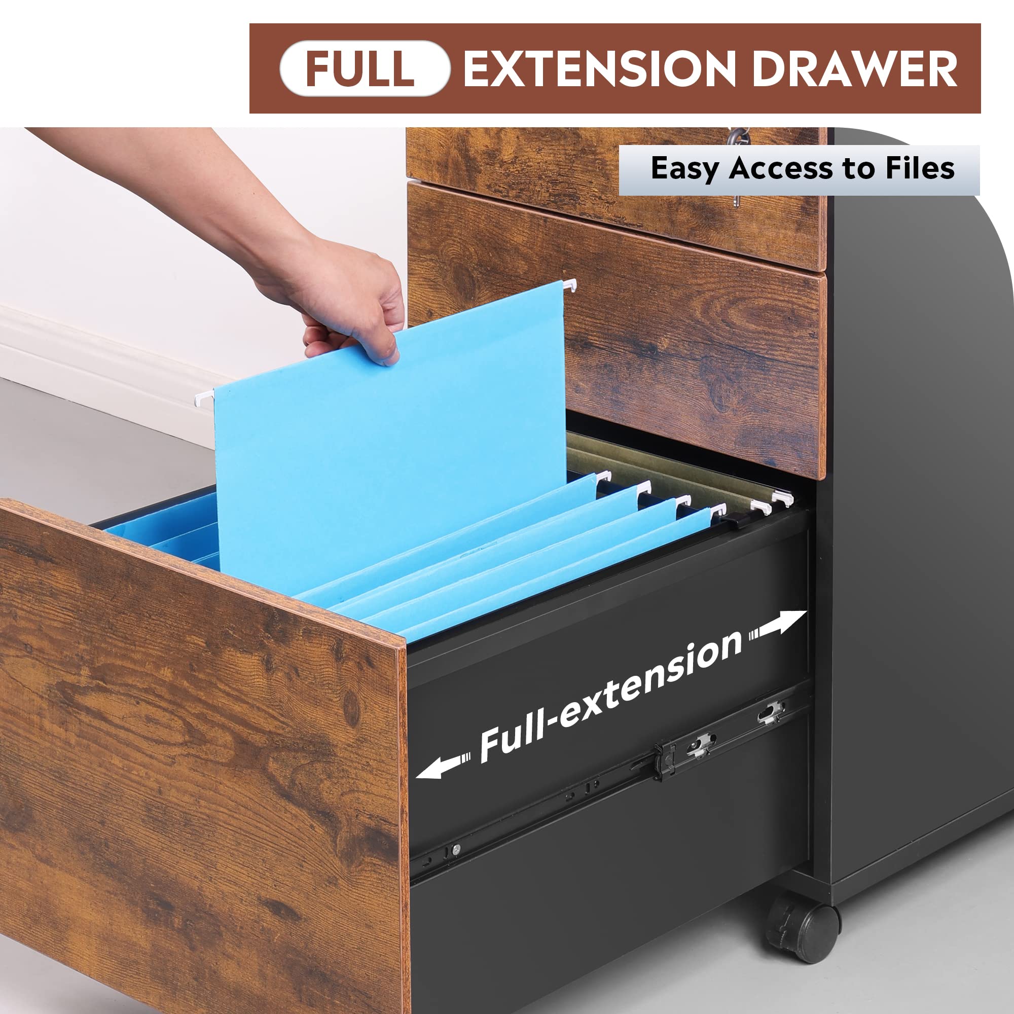 DEVAISE 3-Drawer Rolling File Cabinet with Lock - Wooden Under Desk Storage Organizer for Letter/Legal/A4 Documents - Rustic Brown Home Office Furniture for Small Spaces & Workspaces