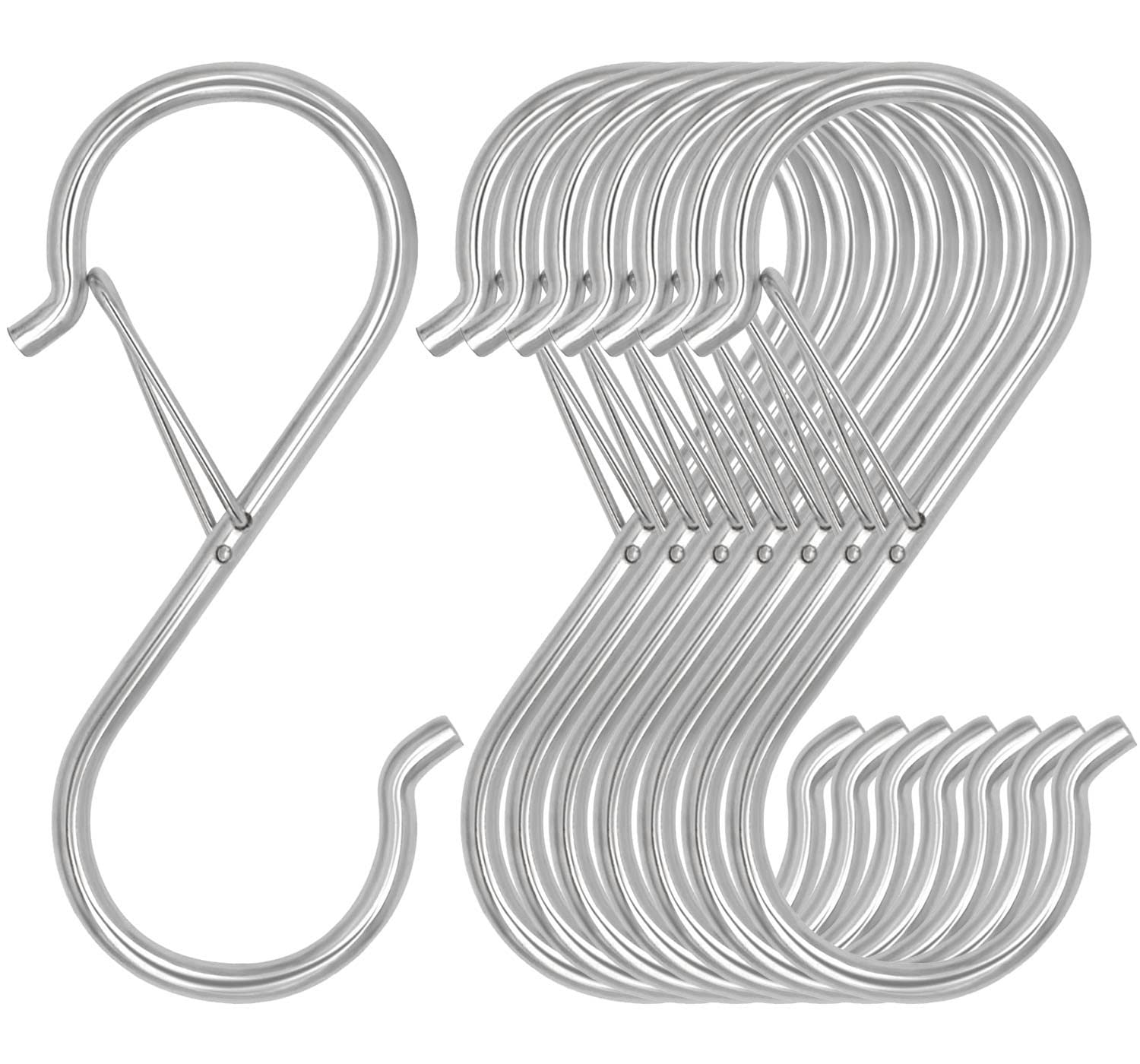 8 Pack Heavy Duty 3.5 Inch S Hooks with Safety Buckle - Silver Metal S-Shaped Hanging Hooks for Kitchen Pot Rack, Closet, Plants, Clothes, Bags & Utensils - Perfect for Home Organization & Storage Solutions