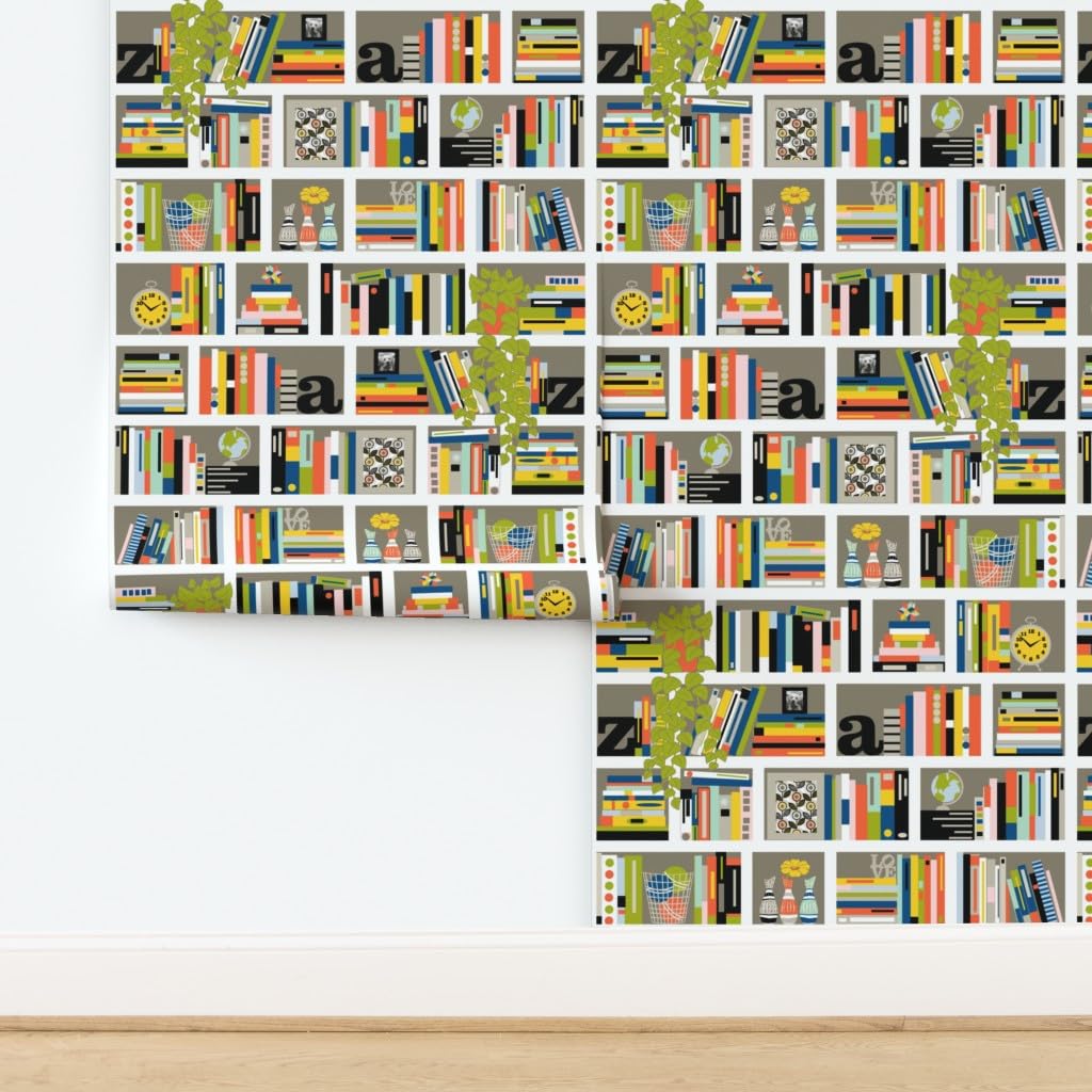 Peel & Stick Removable Wallpaper - 9ft x 2ft Bookshelf Design with Literature Typography & Plant Stripes | Self-Adhesive Wall Decor for Living Room, Bedroom, Office & Study | Easy to Apply & Remove