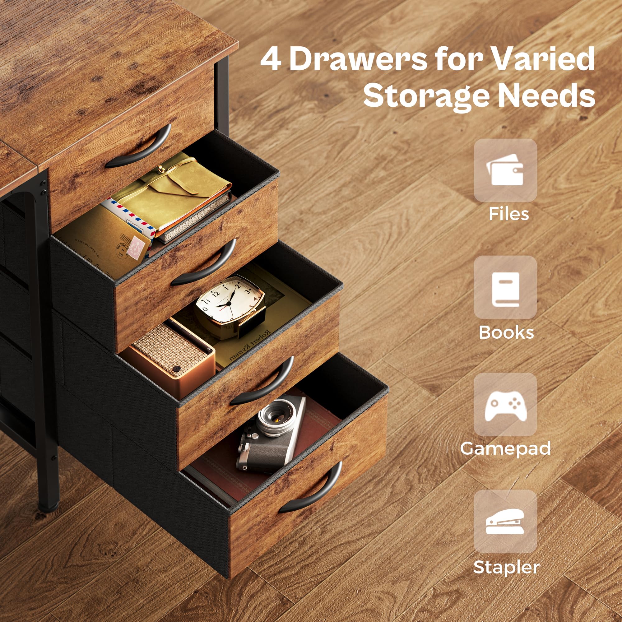 Huuger 55 Inch Computer Desk with 4 Drawers & Mesh Shelf - Large Rustic Brown Office Desk for Home, Gaming, Study & Work from Home - Perfect for Small Spaces & Bedroom Workspaces