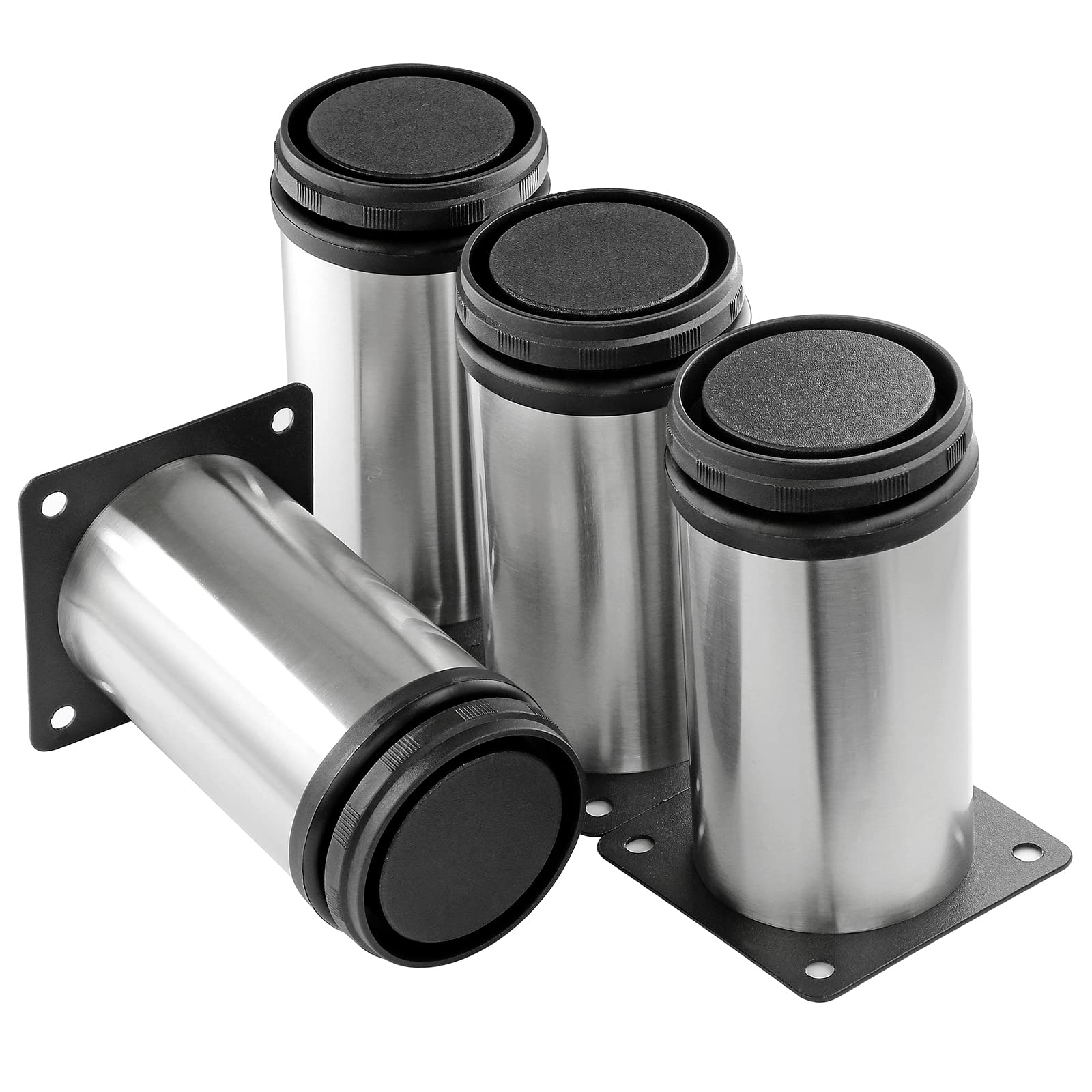4 Inch Adjustable Stainless Steel Metal Furniture Legs - Round Silver Table Legs for Coffee Table, Cabinet, Desk, Sofa & Shelves - Pack of 4 - Perfect for Modern Home & Office Furniture Upgrades