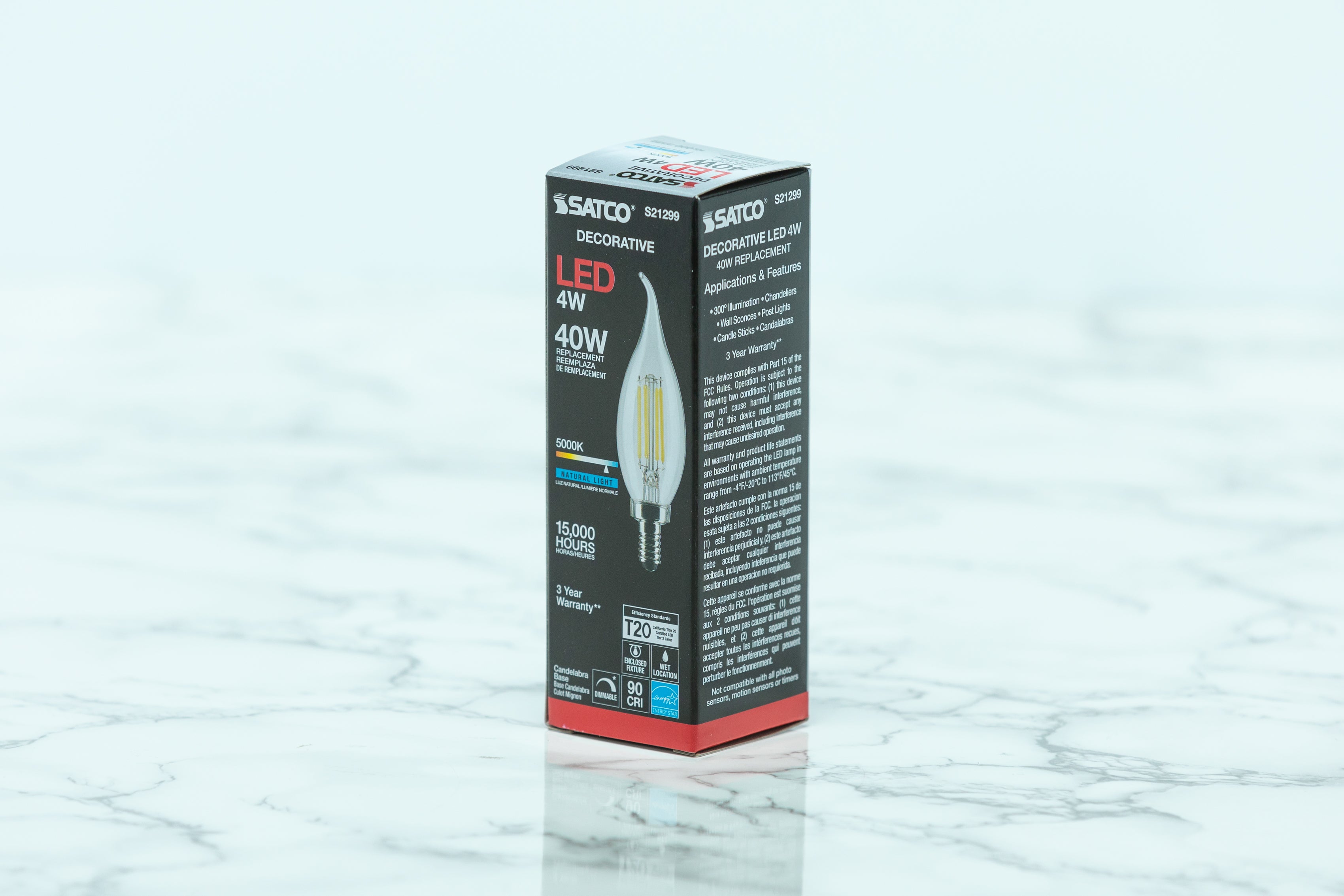 Satco Candelabra LED Light Bulb - Energy Efficient E12 Base, Warm White 2700K, 40W Equivalent, Dimmable - Perfect for Chandeliers, Ceiling Fans & Decorative Lighting