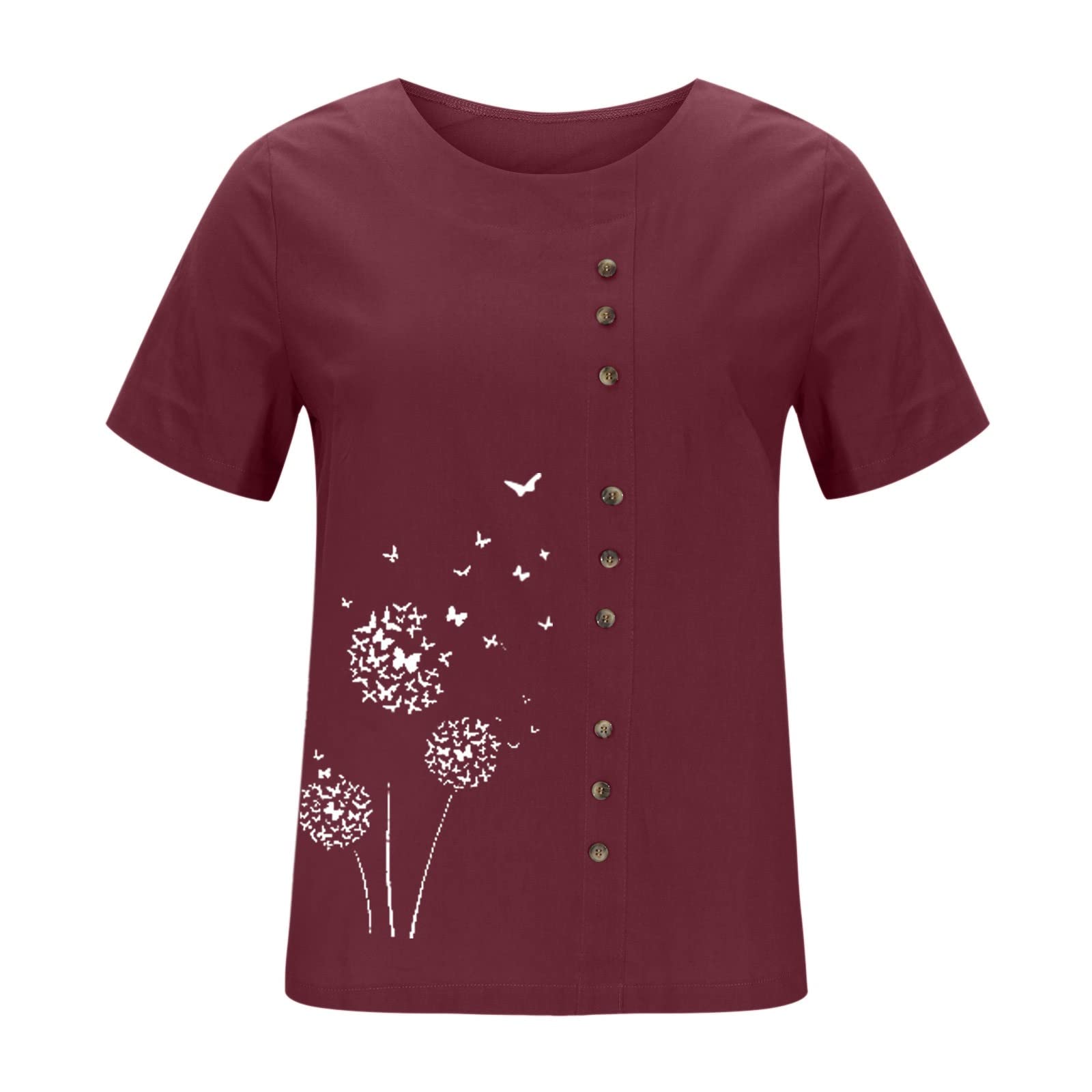 Women's Floral Printed Short Sleeve Linen Top - Summer Crew Neck Casual T-Shirt Blouse for Outdoor Activities & Vacation Wear