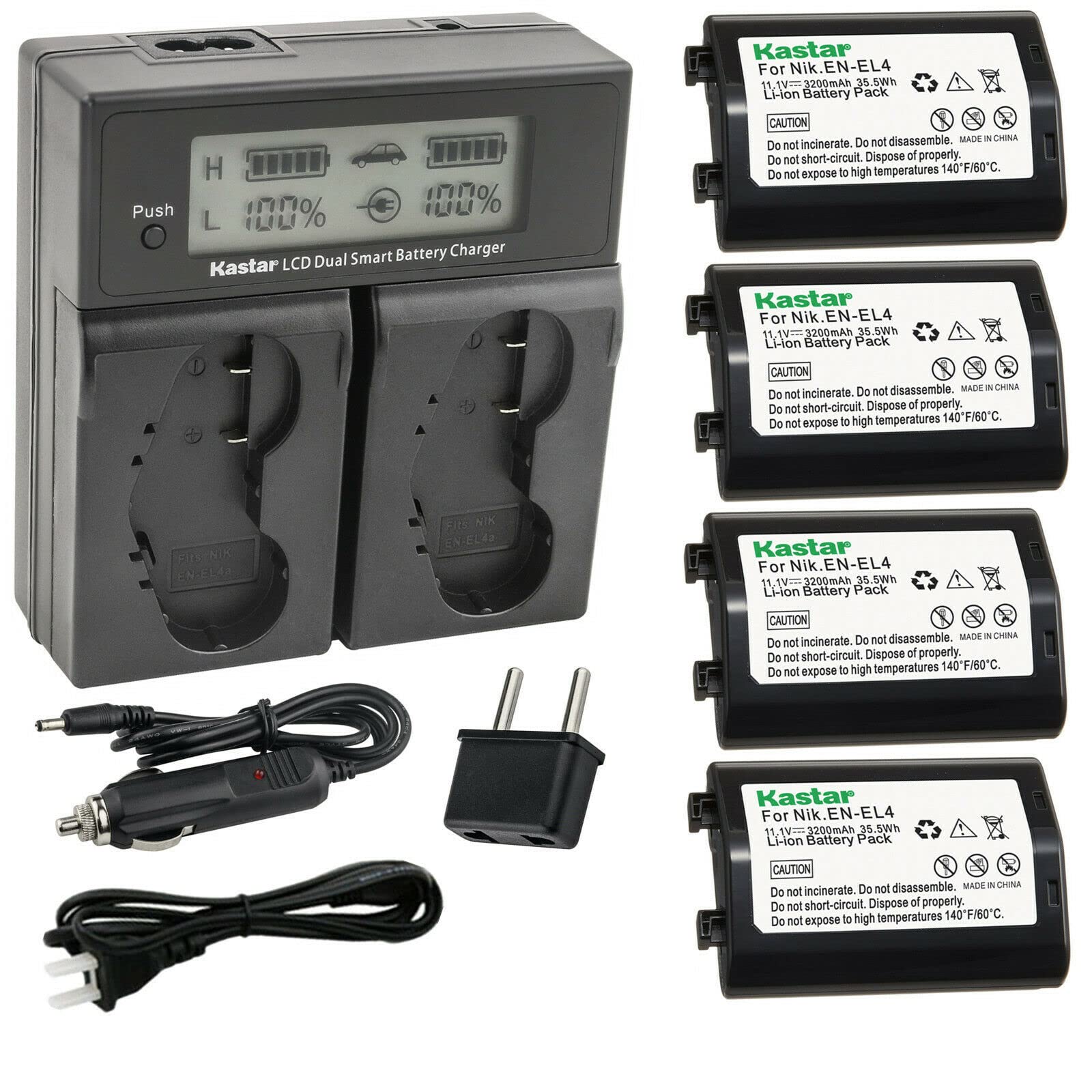 Kastar 4-Pack EN-EL4a 11.1V 3200mAh Rechargeable Battery & AC LCD Dual Fast Charger for Nikon D3/D3S/D3X/F6 Cameras - Perfect for Professional Photography, Travel, and Extended Shooting Sessions