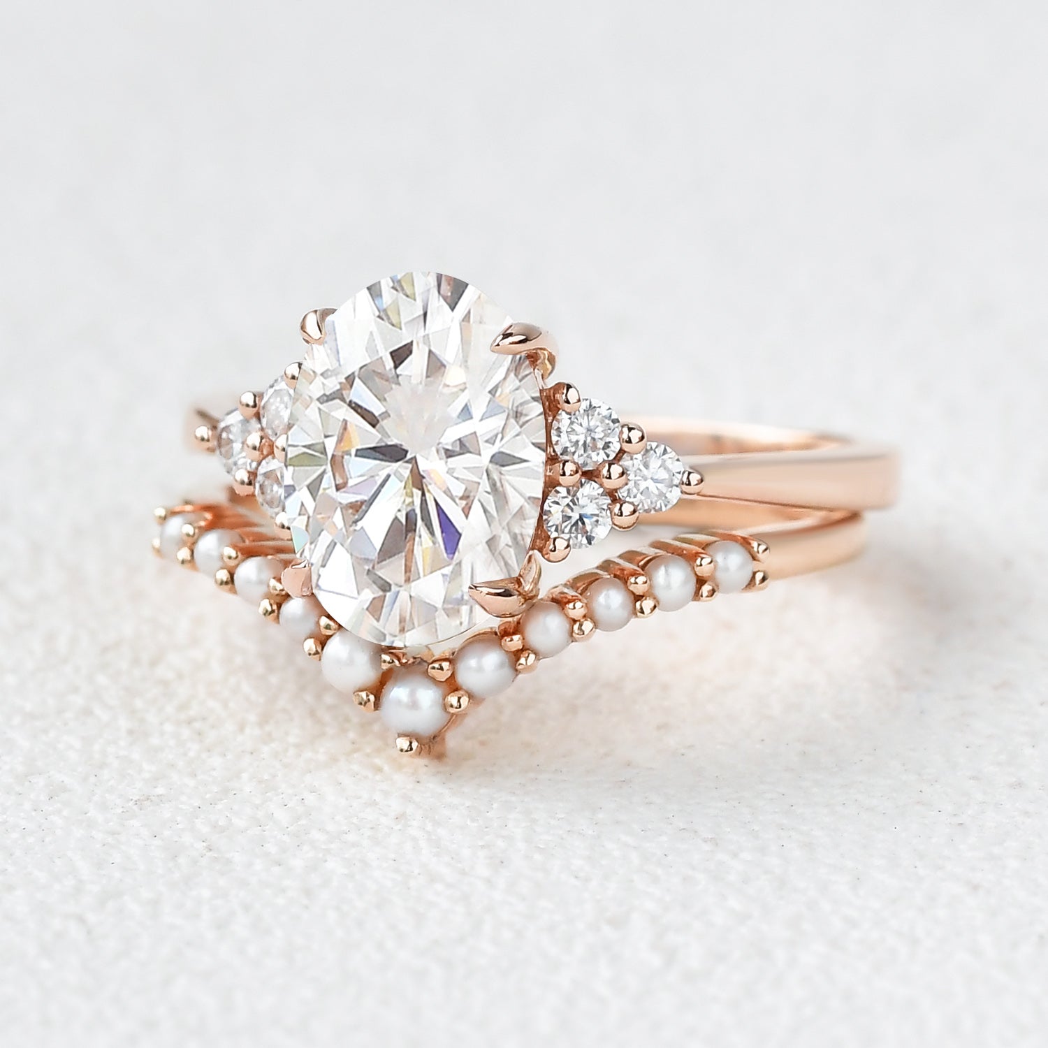 Oval Cut Moissanite & Pearl 14K Gold Ring Set (2 Pieces) - Perfect for Engagement, Wedding & Anniversary Gifts