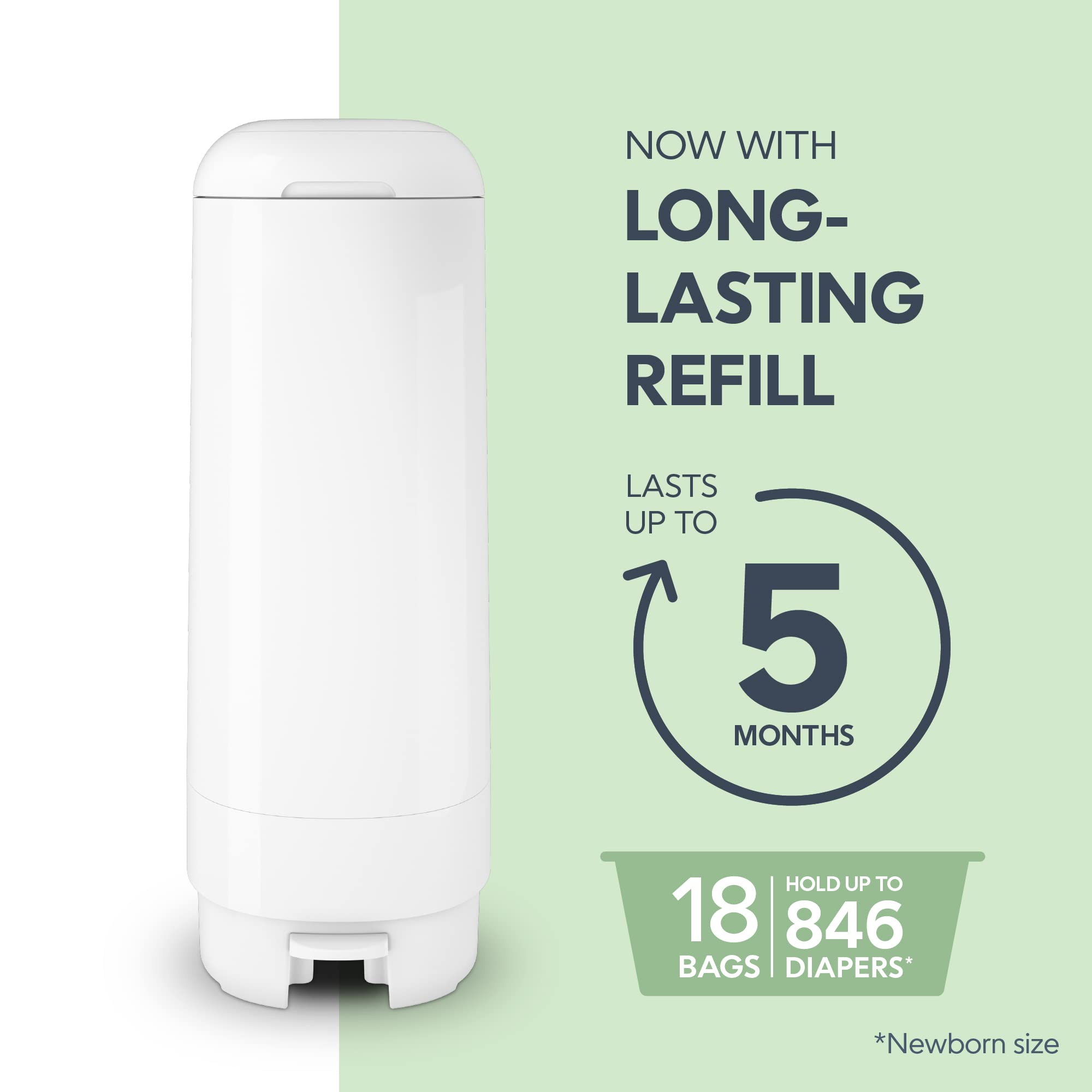 Diaper Genie Signature Diaper Pail with 1 Easy Roll Refill (18 Bags) | Holds 846 Newborn Diapers | Odor Control for Nursery, Baby Room & Daycare | Convenient Diaper Disposal Solution for Parents