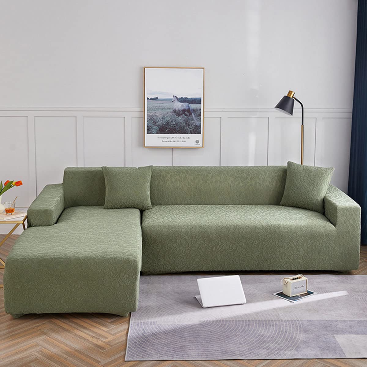YOPOIY L-Shaped Sectional Sofa Slipcover - Anti-Wrinkle Jacquard Fabric, Thick Stretchable Corner Couch Cover - Waterproof & Cat Scratch Resistant - Green (2+2 Seater) - Perfect for Living Room, Family Room & Pet-Friendly Homes
