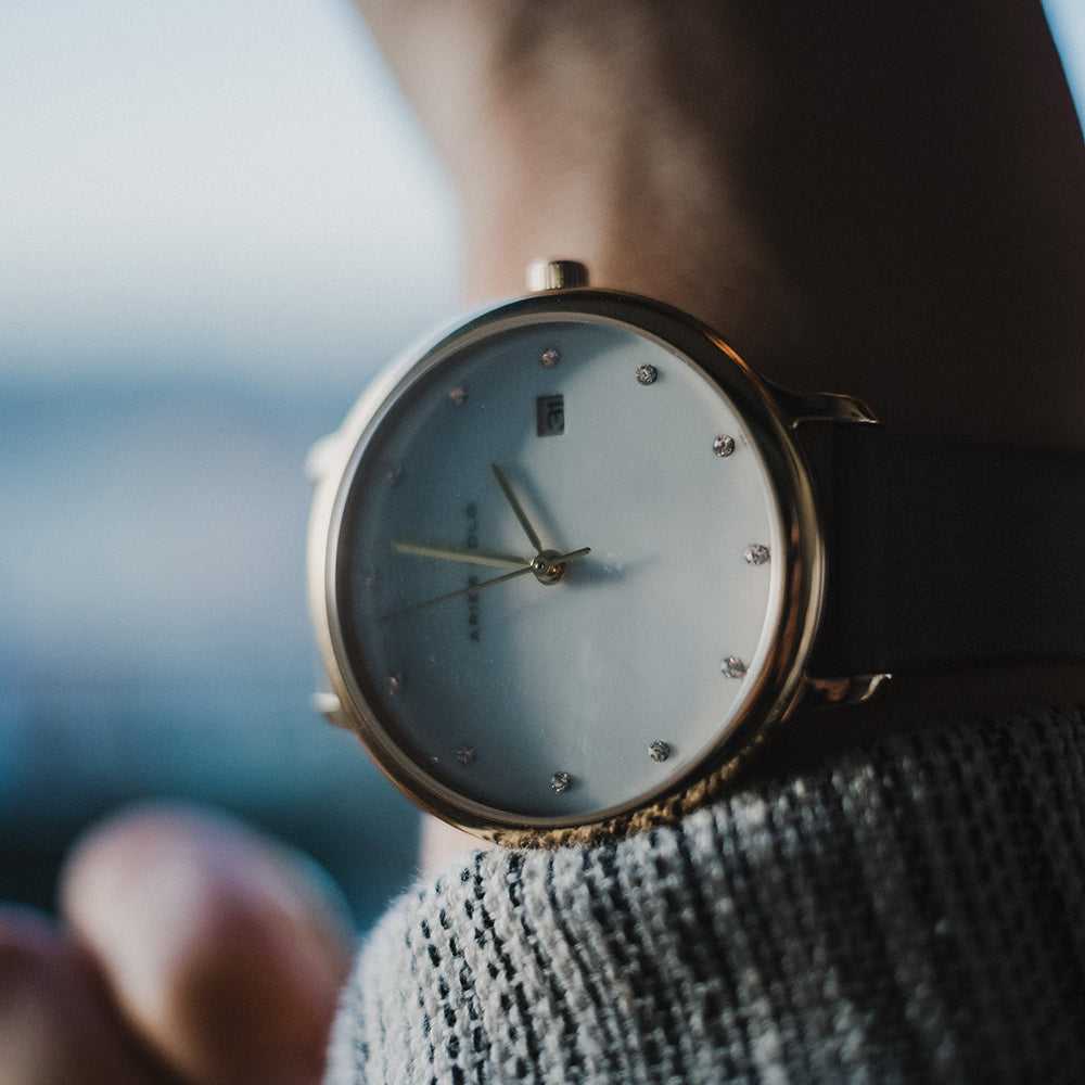 ARIES GOLD ENCHANT FLEUR Stainless Steel Women's Watch with Leather Strap - Elegant Gold-Tone Timepiece for Women, Perfect for Office, Party & Daily Wear