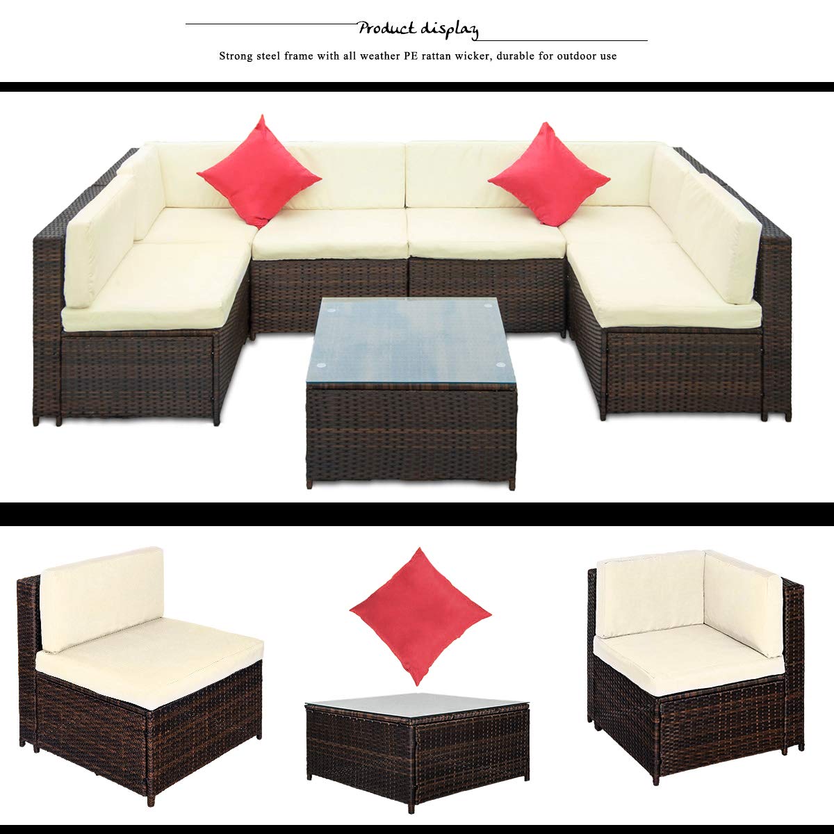 7-Piece Outdoor Patio Furniture Set - All-Weather Rattan Wicker Sectional Sofa with Cushions & Tempered Glass Coffee Table - Beige - Perfect for Backyard, Garden, Poolside & Patio Relaxation