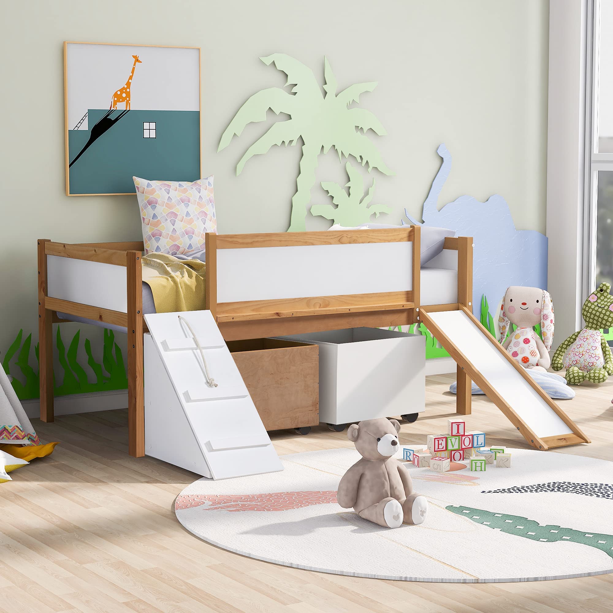 Twin Size Low Loft Wooden Bed with Slide, Chalkboard, Storage Boxes & Cabinet, Climbing Rope & Frame - Kids Bedroom Furniture for Boys & Girls (Natural) - Perfect for Small Spaces, Playrooms & Dorm Rooms