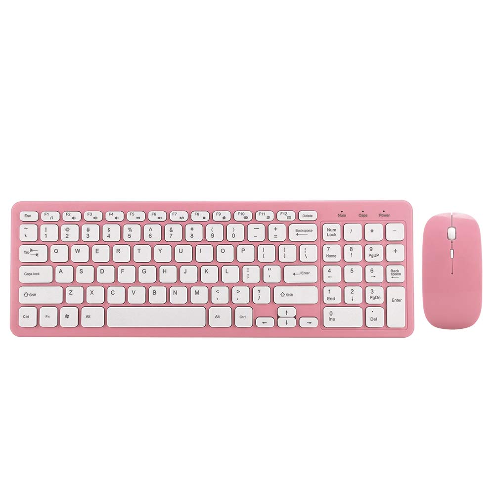 Wireless Keyboard and Mouse Combo - Full-Size 96-Key Retro Keyboard with 4-Button Mouse, FN+ Multimedia Keys for PC, Laptop, Gaming (Pink) | Perfect for Home Office, Gaming Setup & Notebook Computer Use