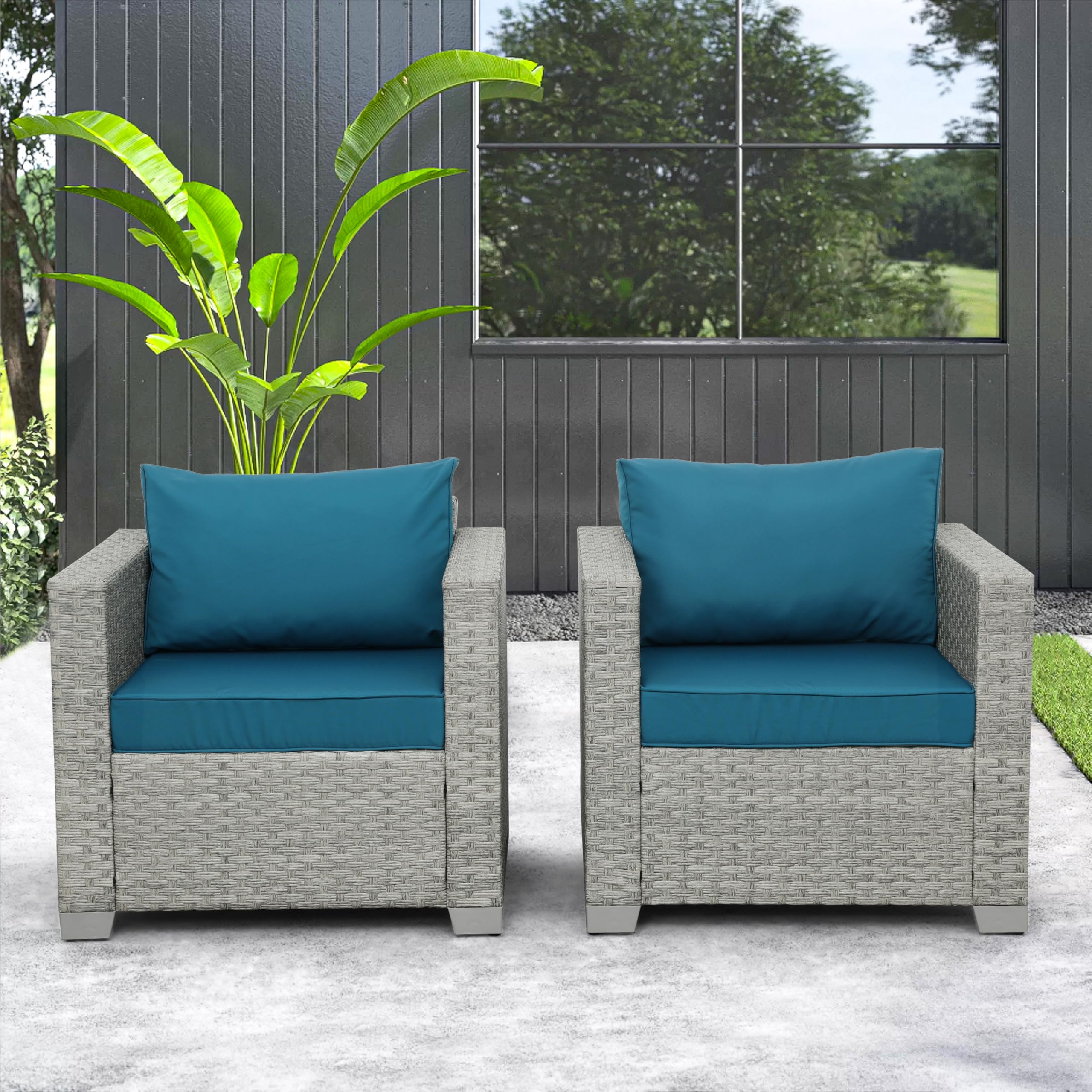 Outdoor Wicker Patio Chairs Set of 2 - Grey Rattan Deep Seating Armchairs with Peacock Blue Cushions for Porch, Balcony & Garden Relaxation