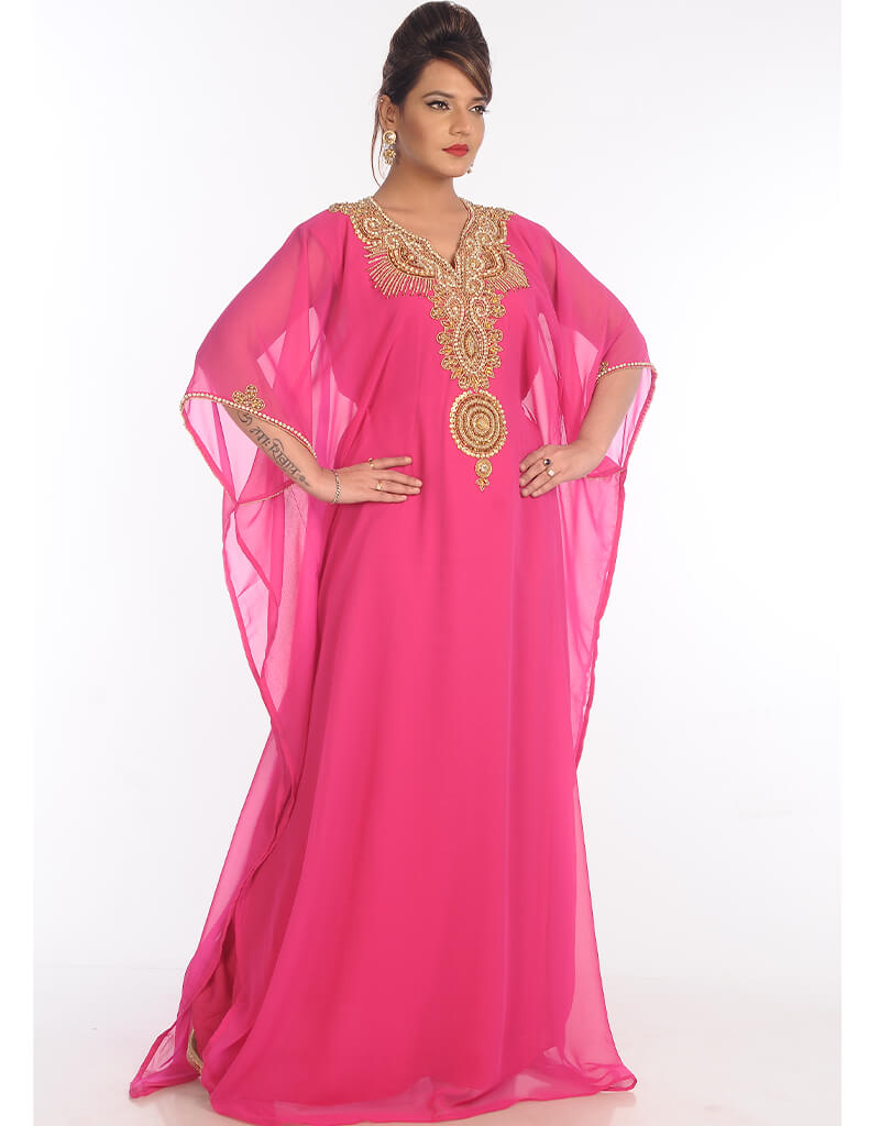 Elegant Arabic Pink Georgette Kaftan with Hand Embroidery - Perfect for Parties, Weddings & Special Occasions | Women's Luxury Evening Wear