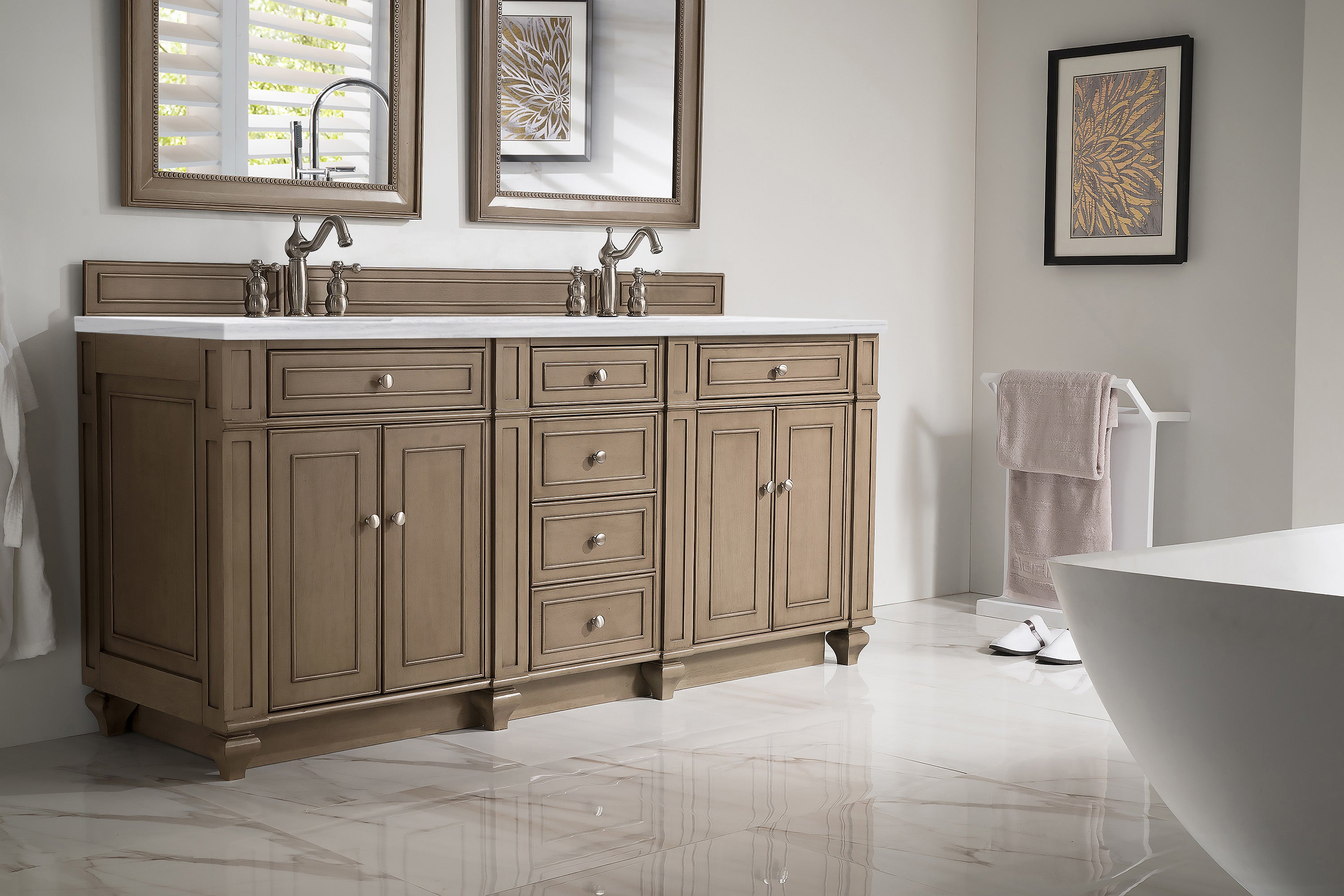 Bristol 72 Inch Double Vanity with Whitewashed Walnut Finish & 3CM Carrara Marble Top - Perfect for Modern Bathroom Renovation & Luxury Home Decor