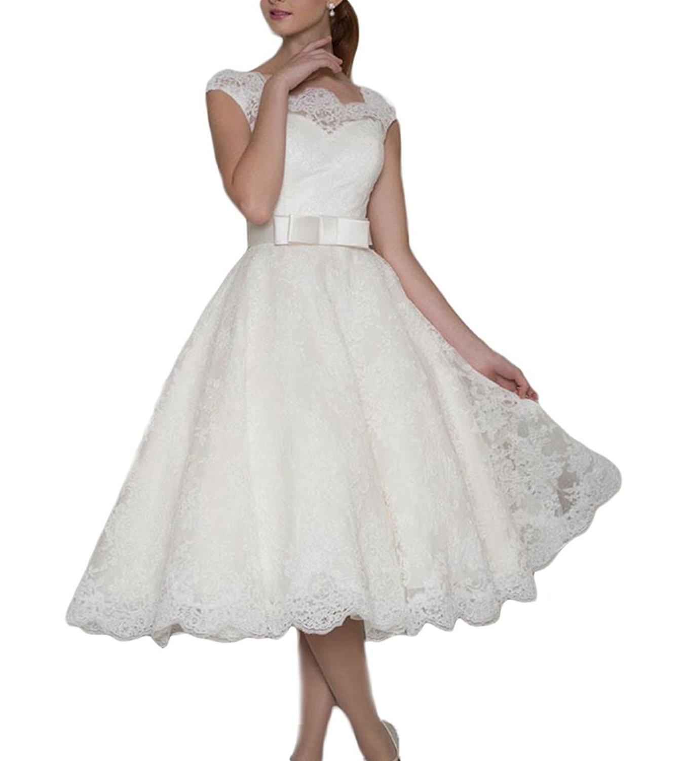 Lorderqueen Women's Vintage A-Line Lace Short Wedding Dress | Beach Bridal Gown for Boho Chic Ceremony & Destination Weddings