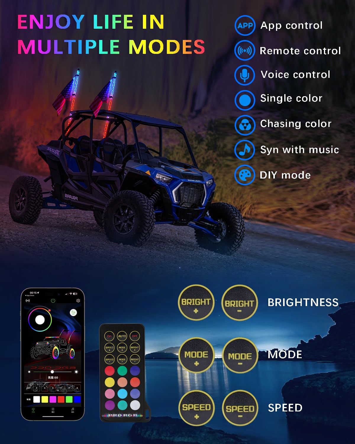 2PCS 4FT LED Whip Lights with Spring Base - App & Remote Controlled Waterproof 360° Spiral Chasing Lights for UTV, ATV, SXS, Polaris RZR - Perfect for Off-Road Adventures, Night Rides & Desert Racing
