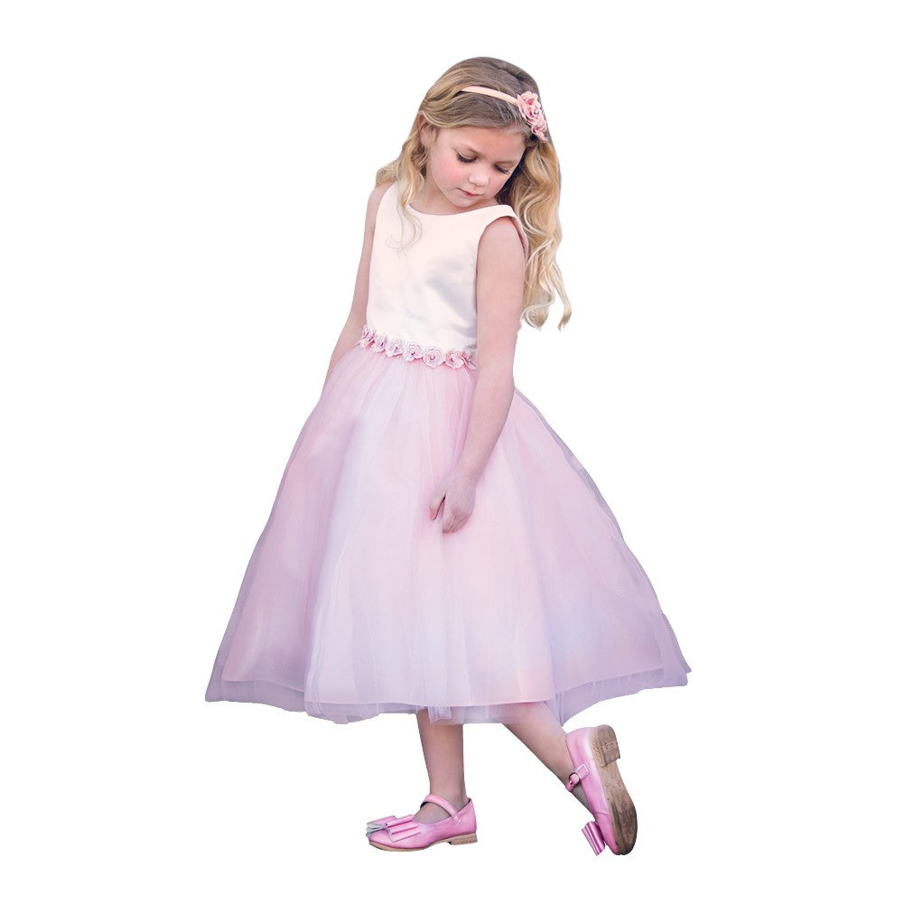 Elegant Blush Satin Tulle Tea-Length Bridesmaid Dress for Juniors Size 8-16 | Perfect for Weddings, Prom & Formal Events