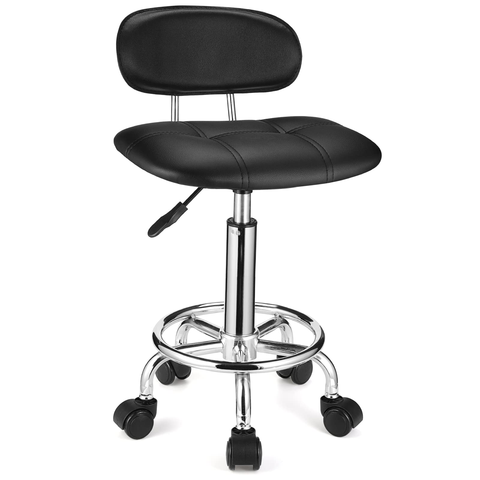 Adjustable Height Square Rolling Stool with Backrest & Wheels - Ergonomic Swivel Chair for Office, Salon, Kitchen & Home Use - Black