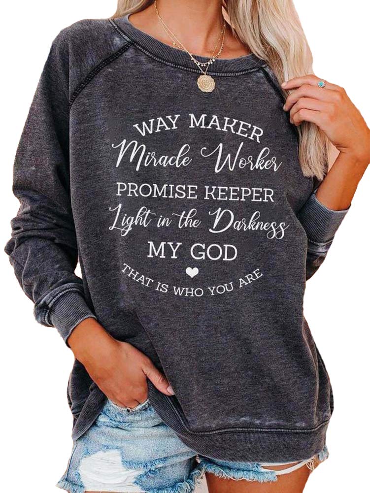 Women's Christian Graphic Sweatshirt - Waymaker Miracle Worker Long Sleeve Funny Sarcastic Tee - Grey Size M - Perfect for Church, Bible Study & Christian Fellowship