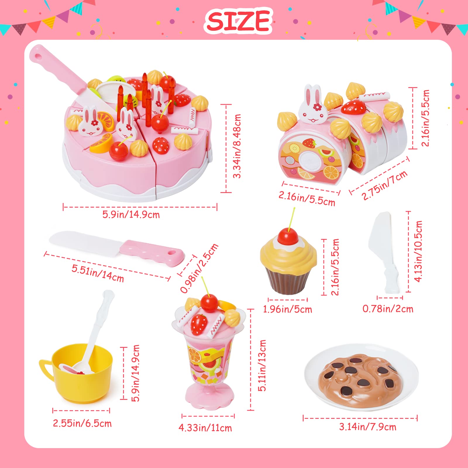 75PCS Pretend Play Birthday Cake Toy Set - Cutting Play Food with Candles, Plates, Ice Cream, Pudding & Cookies - Perfect for Princess Themed Birthday Parties & Role Play Games (Ages 3+) | Great for Kids' Parties, Preschool Learning & Imaginative Play