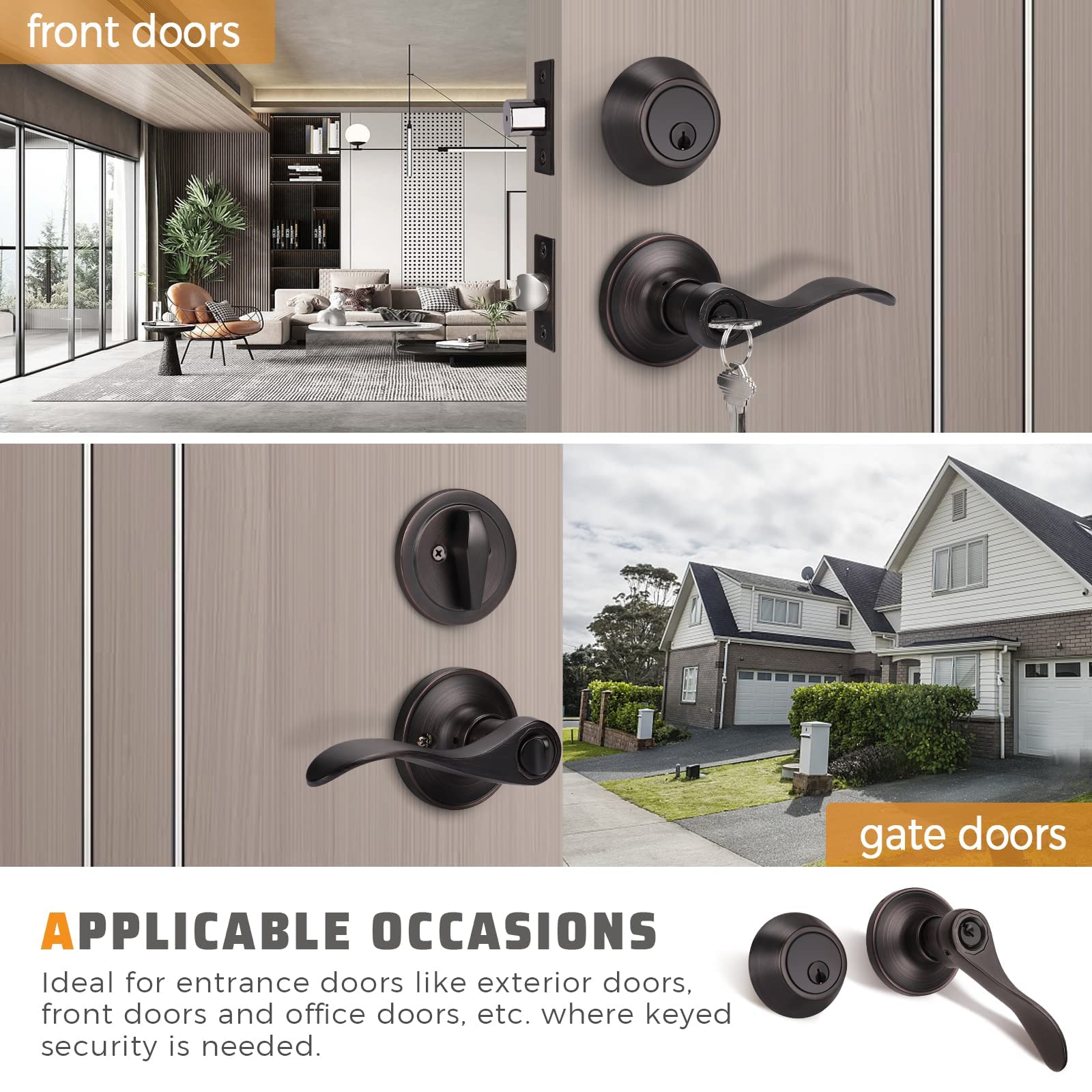 KNOBWELL 5-Pack Single Cylinder Deadbolt & Entry Door Lever Lock Set - Oil Rubbed Bronze Finish, Keyed Alike (Same Keys) | Secure Your Home, Office & Rental Properties with Matching Lock System