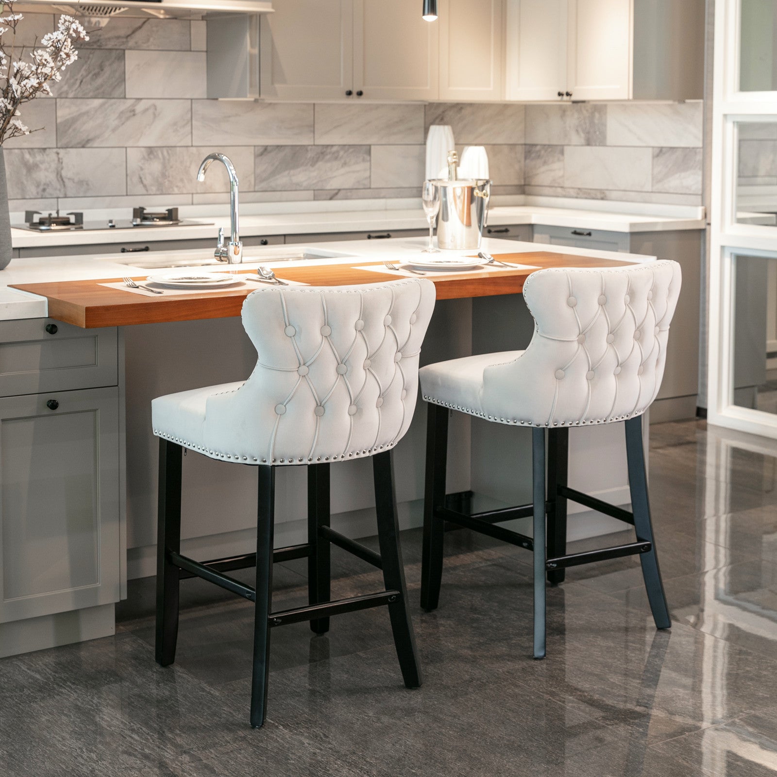 Contemporary Velvet Upholstered Wingback Bar Stools - Set of 4 Beige Bar Chairs with Button Tufted Design, Wooden Legs & Chrome Nailhead Trim | Perfect for Kitchen Islands, Home Bars & Modern Dining Areas