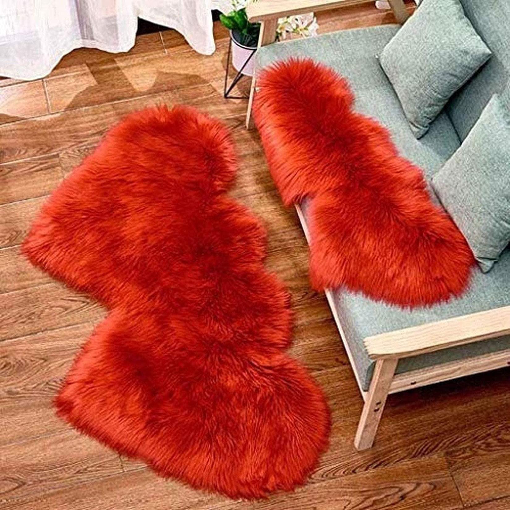 Modern Fluffy Faux Fur Area Rug - 2'x4' Anti-Skid Double Heart Shaggy Plush Carpet for Kids Bedroom, Nursery & Playroom - Soft Fuzzy Floor Mat (Red, 35x70cm/14