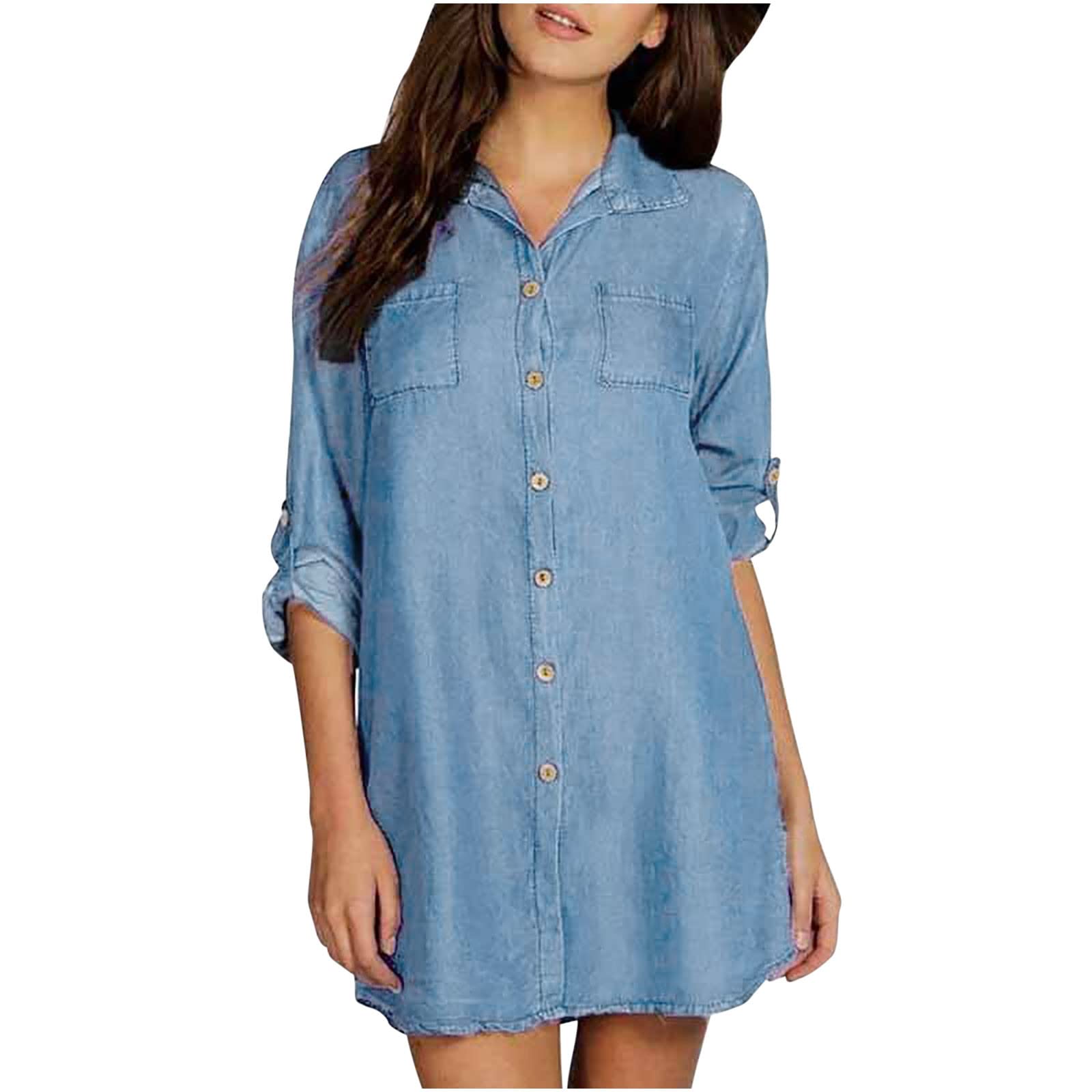 Women's Casual Sexy Solid Color Denim Dress Shirt - Summer Fashion Blouse with Breast Pockets - Perfect for Office, Date Night & Weekend Outings