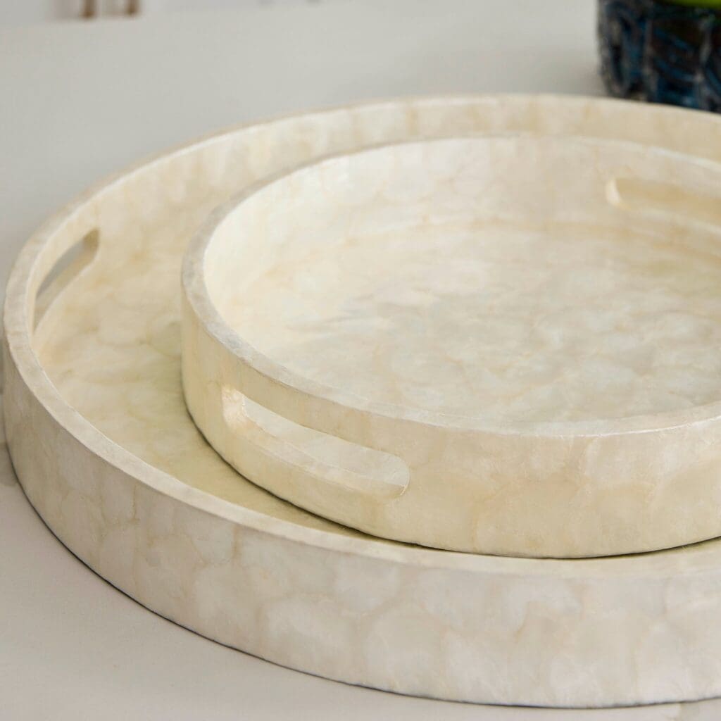 Cyan Design 11687 Triton 24 Inch Round Tray - Pearl Finish Large Decorative Serving Tray for Dining, Coffee Table, or Wall Decor