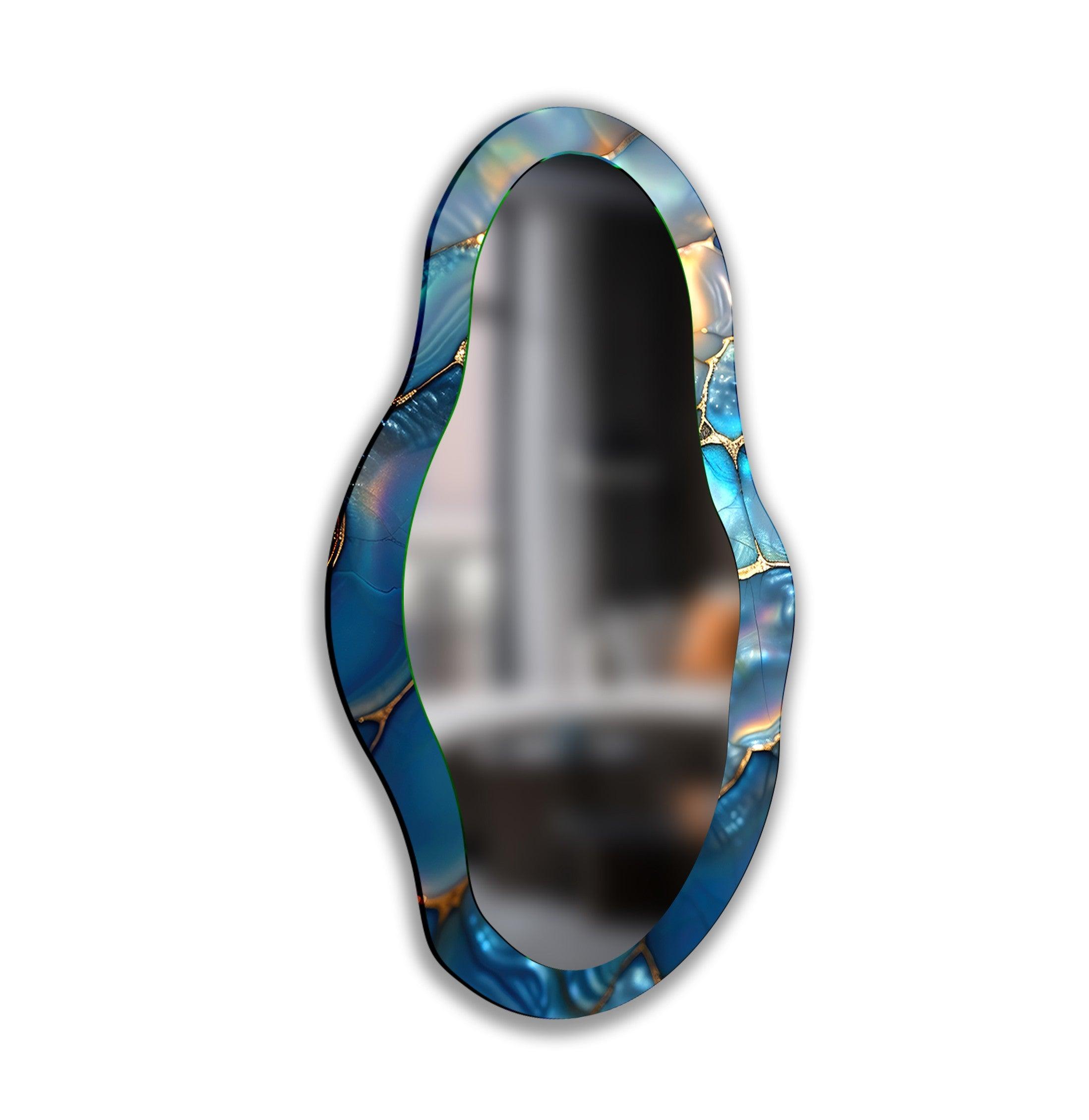 Blue Metallic Asymmetrical Wall Mirror - Modern Decorative Mirror for Living Room, Bedroom & Entryway - Unique Home Decor Accent Piece