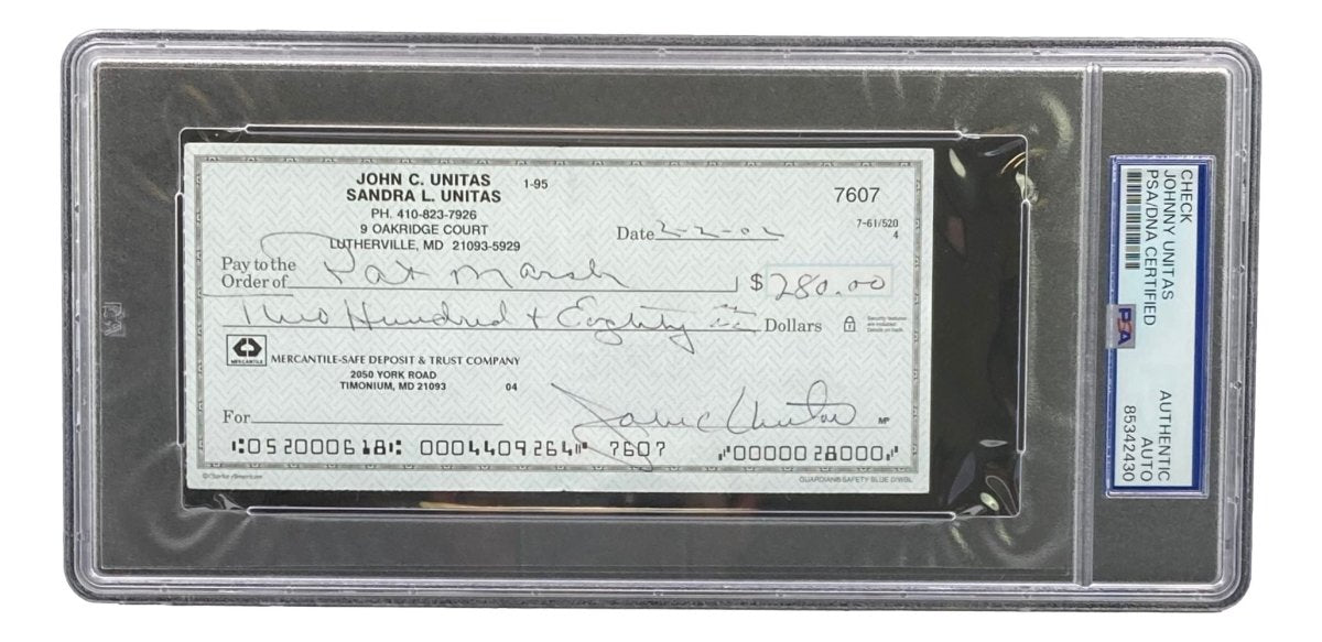 Johnny Unitas Baltimore Colts Autographed Bank Check #7607 PSA Certified - Rare NFL Memorabilia for Collectors & Sports Fans