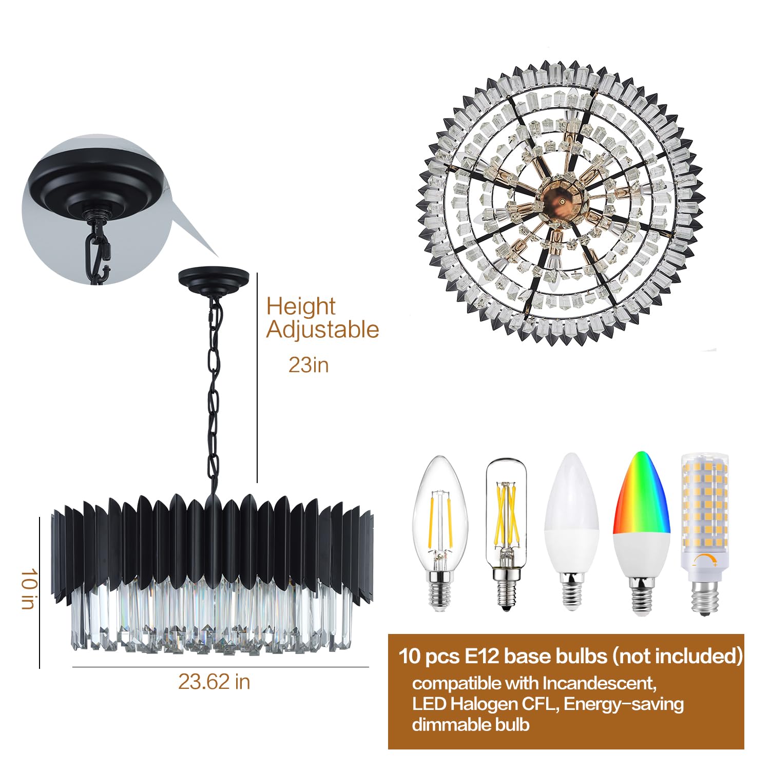 23.62'' Black K9 Crystal Round Pendant Light - 5-Tier Adjustable Modern Chandelier for Dining Room, Living Room, Kitchen Island, Bedroom, Foyer & Entryway | Elegant Lighting Fixture for Home Decor & Special Occasions