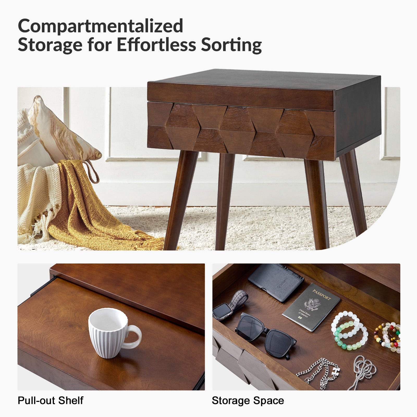 Vivian Mid-Century Modern Nightstand with USB Charging Station - Wooden Bedside Table with Drawer & Shelf - Perfect for Bedroom, Living Room, or Guest Room - Fast Charging & Stylish Storage Solution