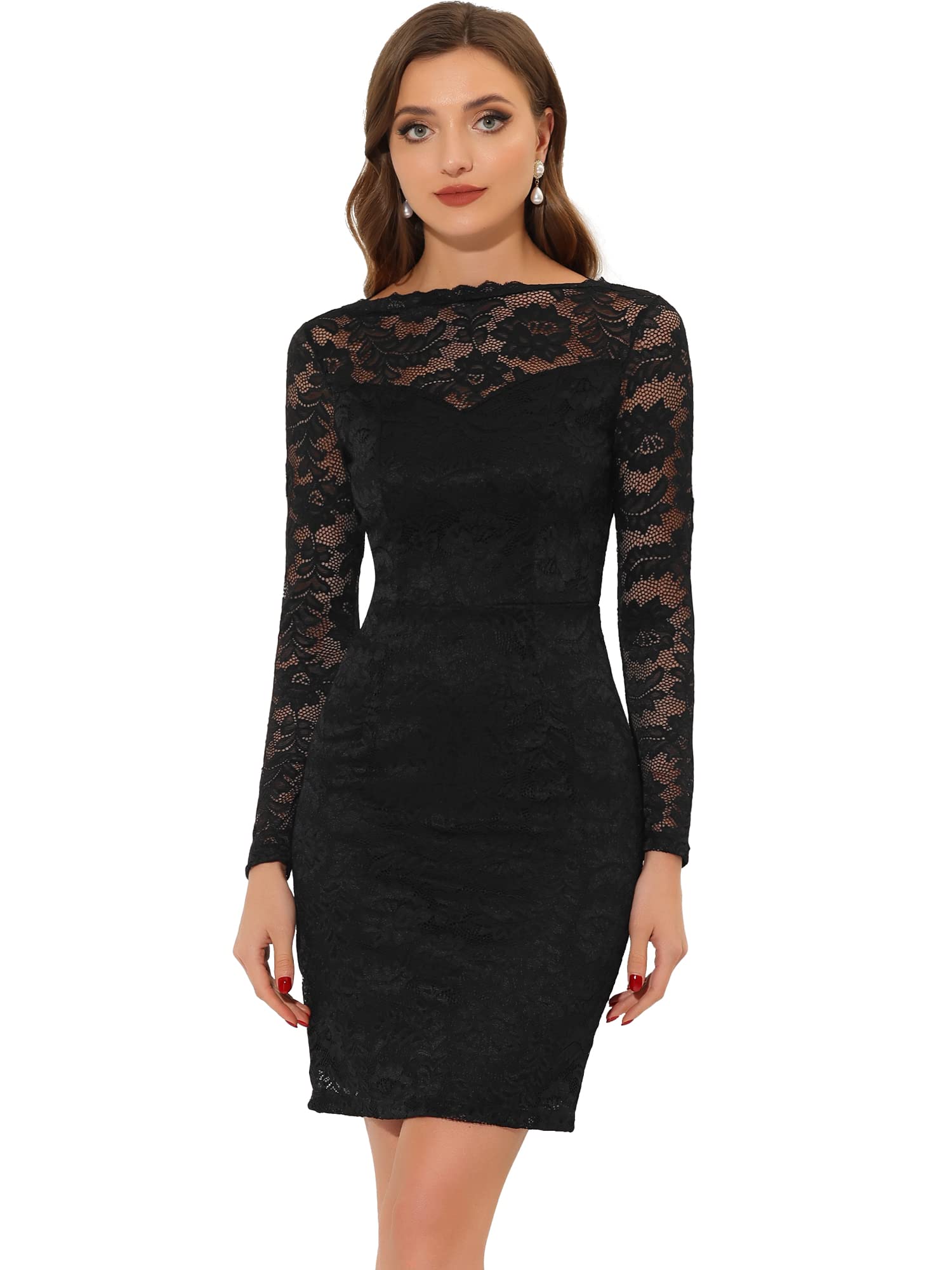 Allegra K Women's Elegant Floral Lace Bodycon Dress - Boat Neck Cocktail Dress for Wedding Guest, Business Party & Special Occasions | Perfect for Evening Events, Date Nights & Formal Gatherings