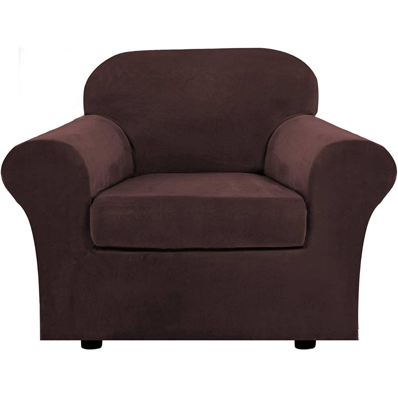 Velvet Stretch Sofa Cover - 3 Cushion Separate Elastic Couch Slipcover, Thick Furniture Protector for Living Room (Brown, 1 Seater 32-48 inches) - Perfect for Home Decor & Pet Protection