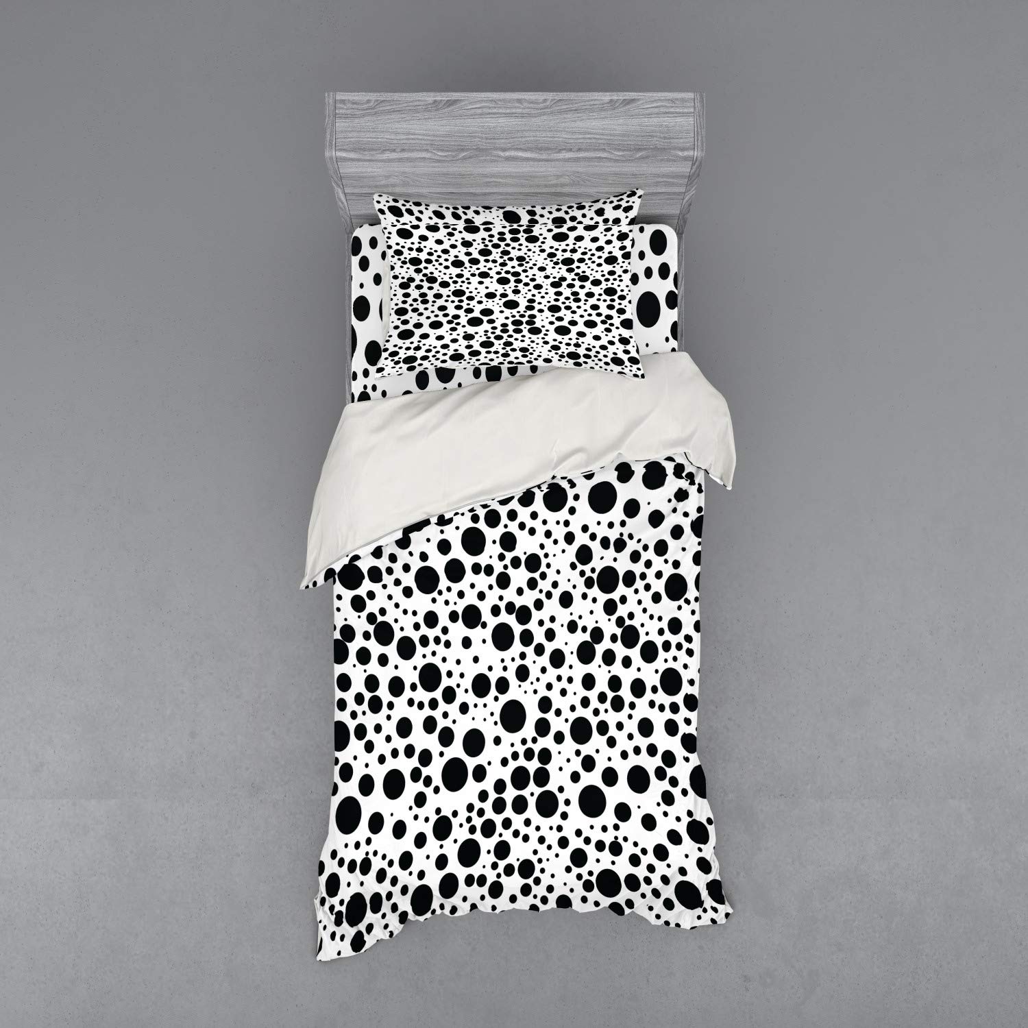 Ambesonne Black and White Dotted Bedding Set - 3 Piece Duvet Cover with Sham & Fitted Sheet, Twin Size - Minimalist Bubble Pattern for Modern Bedroom Decor | Perfect for Guest Rooms, Dorms & Contemporary Home Styling