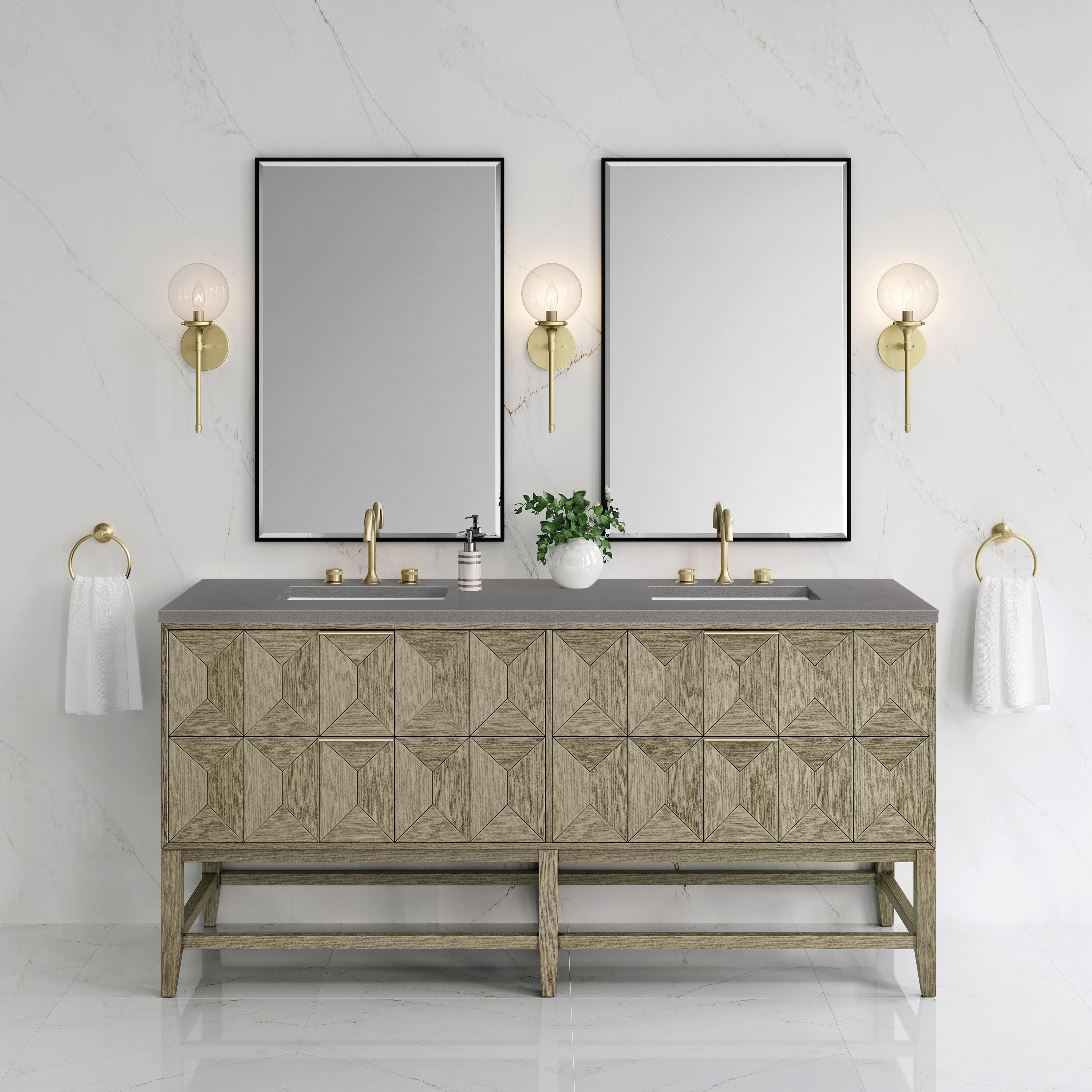 Emmeline 72 Inch Double Bathroom Vanity with Pebble Oak Finish & 3CM Grey Expo Top - Perfect for Master Bathroom, Guest Bath, or Modern Home Renovation