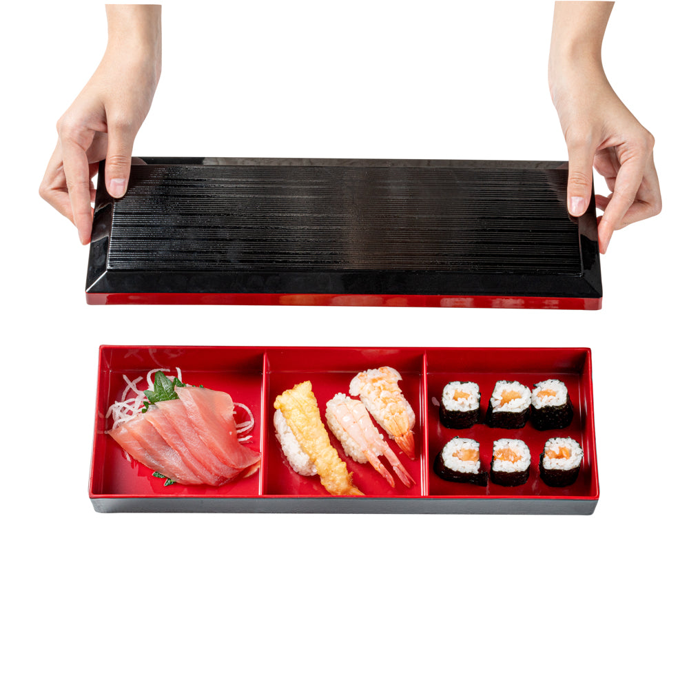 Premium Japanese Bento Box - 3 Compartment Black & Red Lunch Container (14