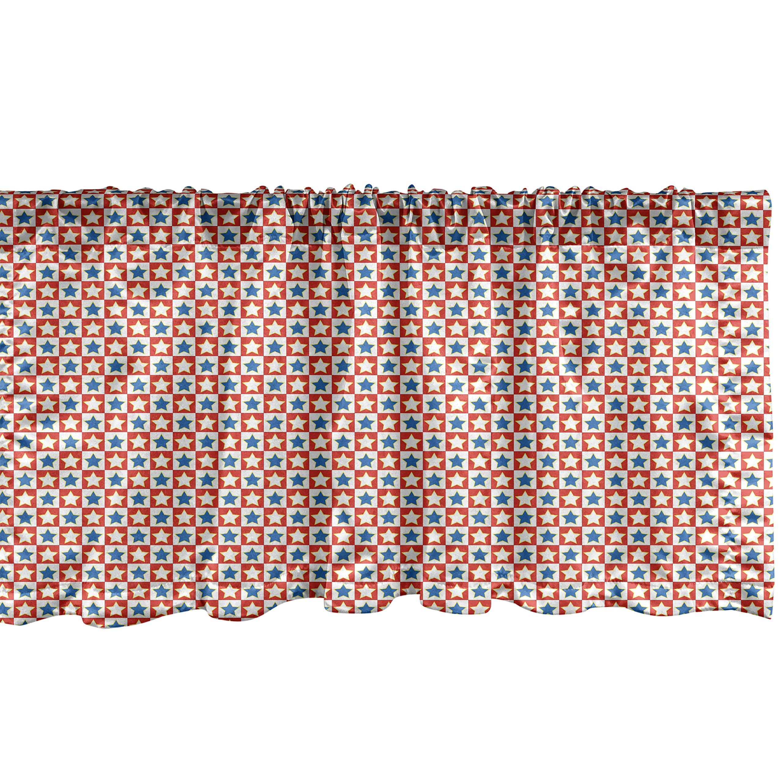 Lunarable Striped Window Valance - Checkered Square Pattern Stars American Flag Themed Patriotic Design - Kitchen & Bedroom Curtain Valance with Rod Pocket - 54x18 Inches in Vermilion Blue Yellow - Perfect for Living Room, Nursery & Home Decor