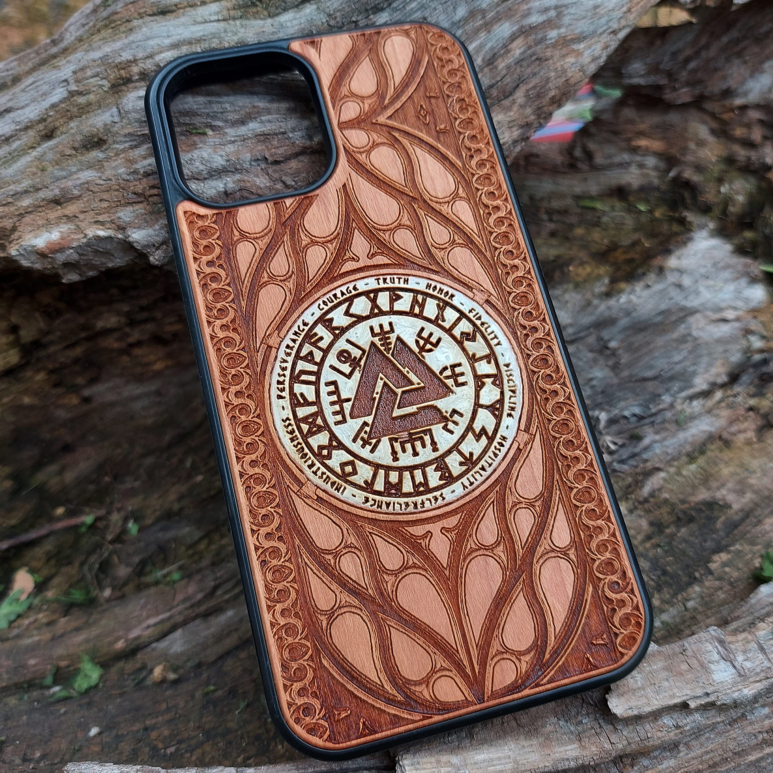 Viking Helm of Awe Vegvisir Runes Laser Engraved Wooden Phone Case for iPhone 16/15/14/13/12/11 Pro Max/Mini & Galaxy S25/S24/S23/S22/S21/S20 Ultra Plus - Hand-Painted, Eco-Friendly, Slim & Durable Wood Cover - Perfect for Viking Enthusiasts, Fantasy Lovers & Unique Gift Ideas