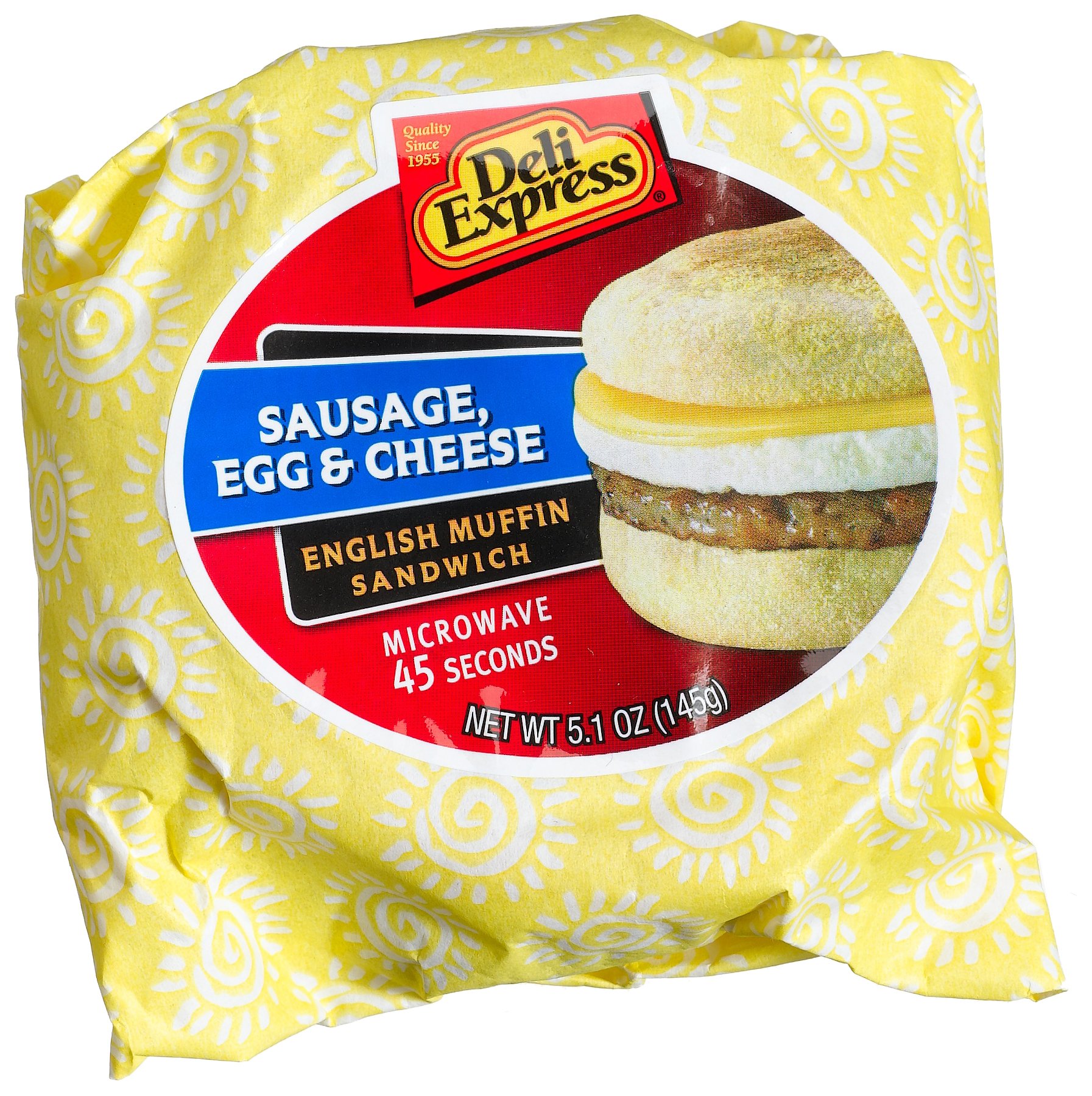 Deli Express Sausage Egg & Cheese English Muffin Breakfast Sandwich - 12 Pack (5.1 oz Each) | Frozen Microwaveable Morning Meal for Quick & Easy Breakfast On-The-Go, Office or School