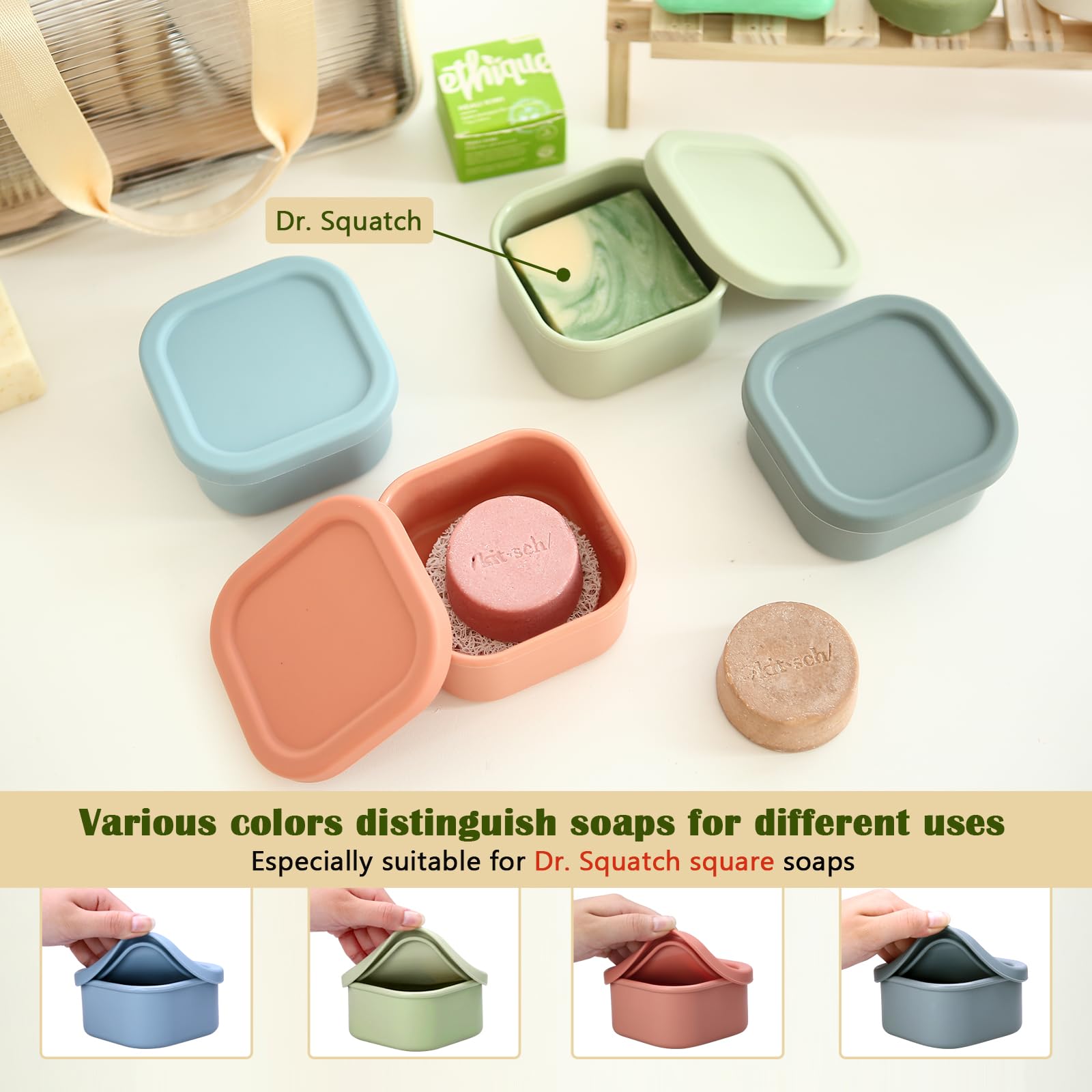 Premium Silicone Travel Soap Container with Drainage Tray - Leakproof Square Soap Case for Dr. Squatch & Bar Soaps - Portable Shower Soap Holder for Travel, Camping, Gym, Hiking & Outdoor Activities (Grey Blue)