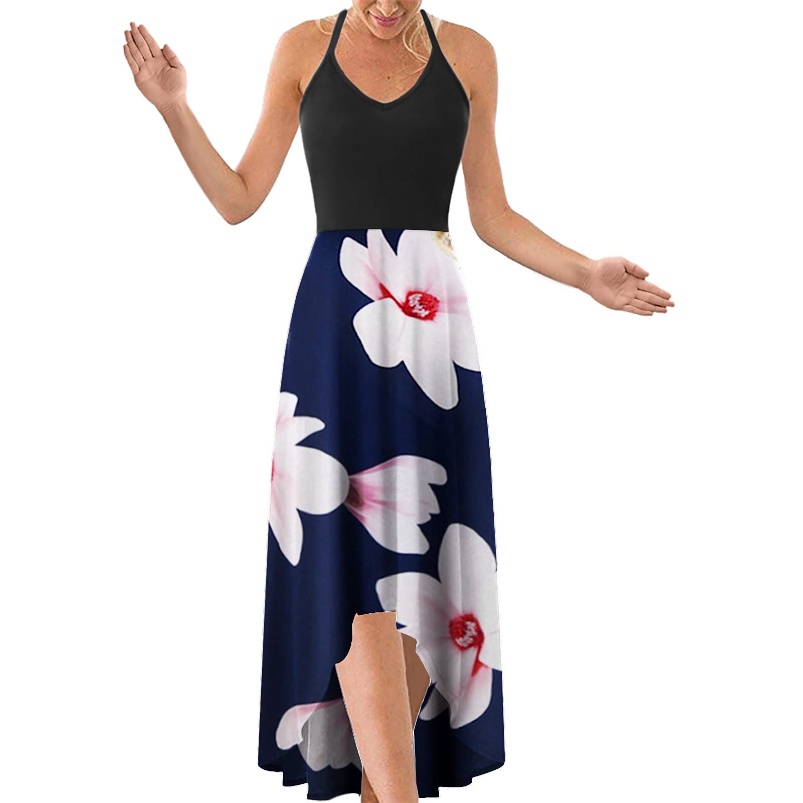 Zieglen Women's Floral Print Maxi Dress - Sleeveless Strap Open Sundress with Asymmetrical Patchwork Design | Perfect for Beach Vacations, Summer Parties & Casual Outings