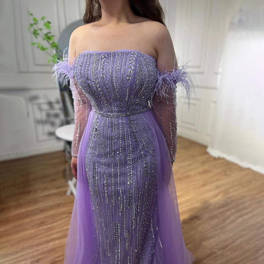 Elegant Lilac Mermaid Evening Dress with Feather Beaded Overskirt & Gloves - Women's Formal Gown for Prom, Wedding, and Special Occasions - LA72029