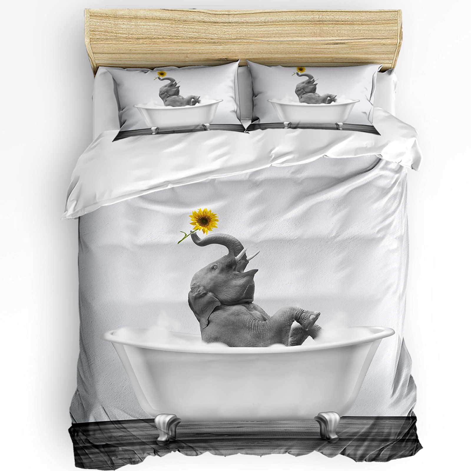 Royalreal Full Duvet Cover Set - Elephant in Bathtub with Sunflower Black & White Comforter Cover - Soft Bedding Set for Teens, Kids & Adults (1 Duvet Cover + 2 Pillowcases) - Perfect for Kids' Rooms, Guest Bedrooms & Cozy Home Decor