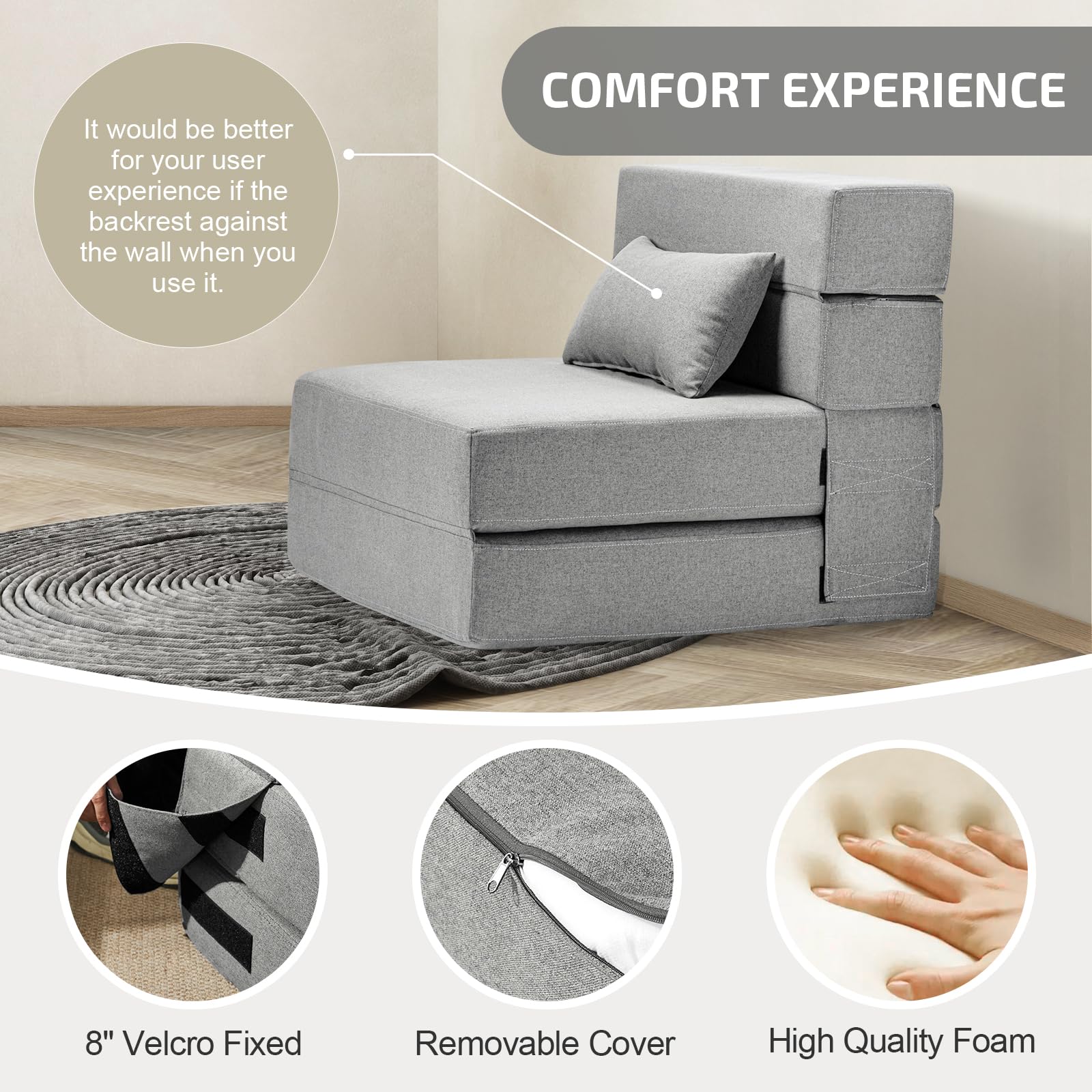 Convertible Folding Sofa Bed with Memory Foam & Pillow - Multi-Functional Sleeper Chair for Living Room, Dorm, Guest Room, Home Office - Light Gray - Perfect for Small Spaces, Overnight Guests & Studio Apartments
