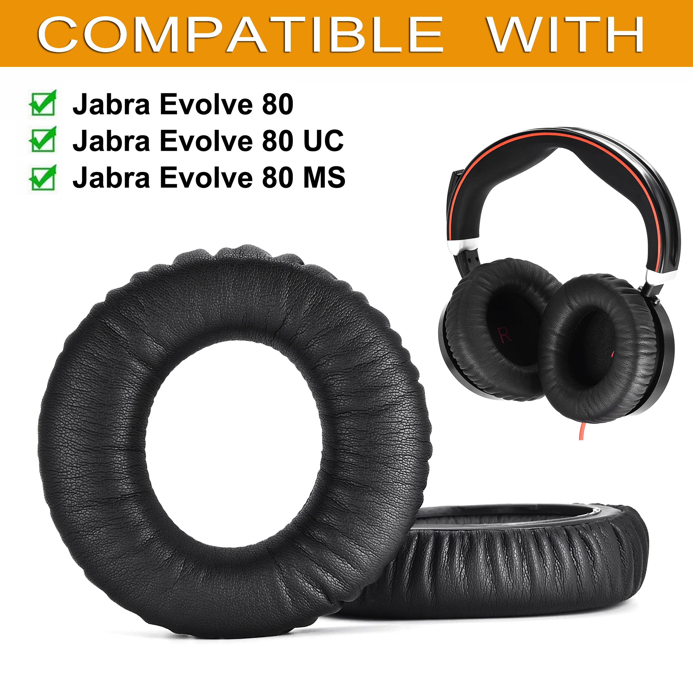 Evolve 80 Replacement Ear Pads - Soft Leather Noise Isolating Cushions Compatible with Jabra Evolve 80/80 UC/80 MS Wired Headsets | Premium Memory Foam & Easy Snap Installation | Perfect for Office, Call Centers & Remote Work