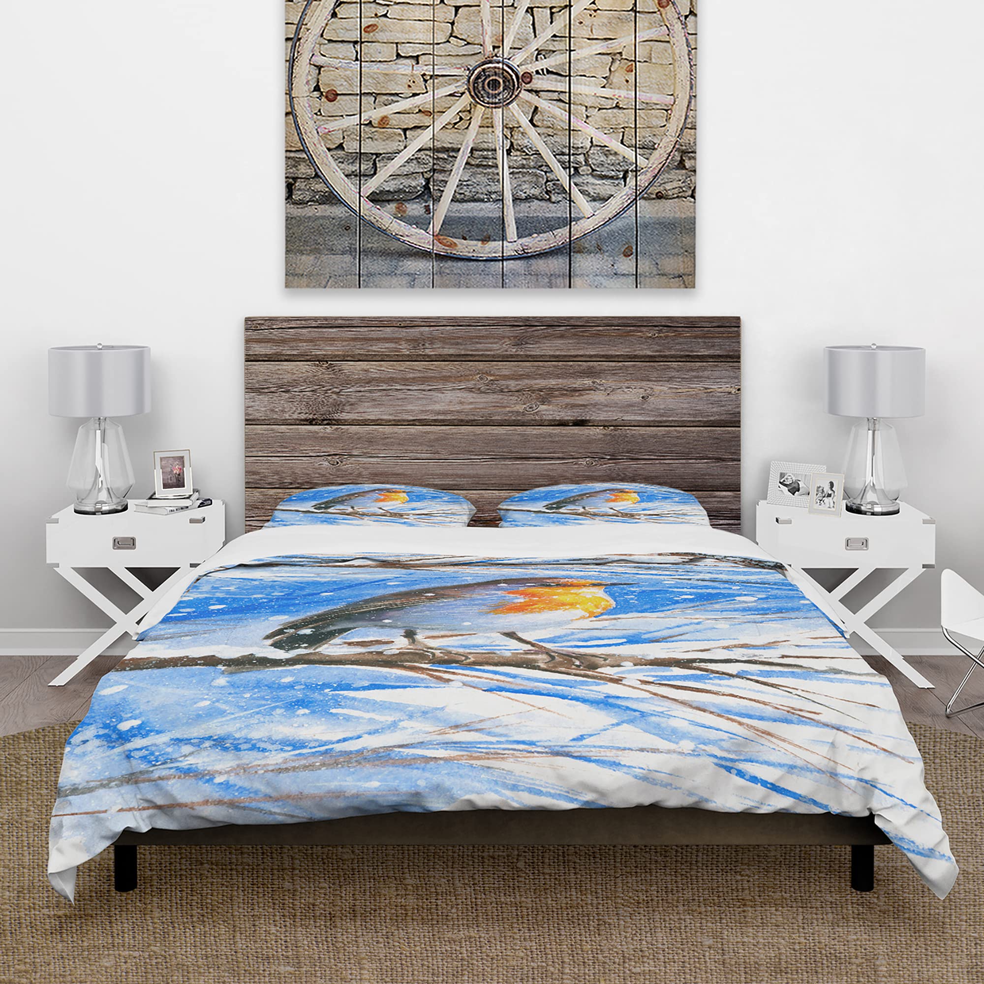 DesignQ Robin in Winter Traditional Blue Duvet Cover Set Twin Size - 3 Piece Animal Print Bedding Set for All Seasons | Cozy Winter Bedroom Decor for Kids & Adults