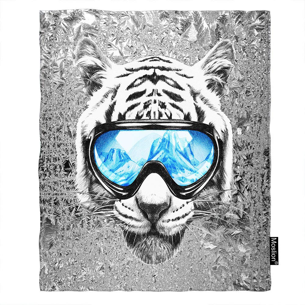 Moslion Tiger Throw Blanket - King Size 60x80 Inch Flannel Blanket with Cool Tiger Head Design & Ski Goggles - Soft Cozy Blanket for Sofa, Bed, Couch - Perfect Gift for Women & Men - Ideal for Winter Nights, Movie Time, and Home Decor
